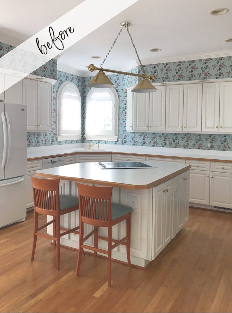 Before our budget friendly kitchen remodel with wallpaper backsplash!