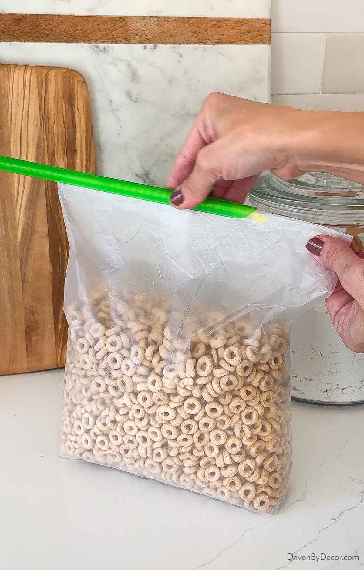 Sliding bag clip on top of bag of cereal