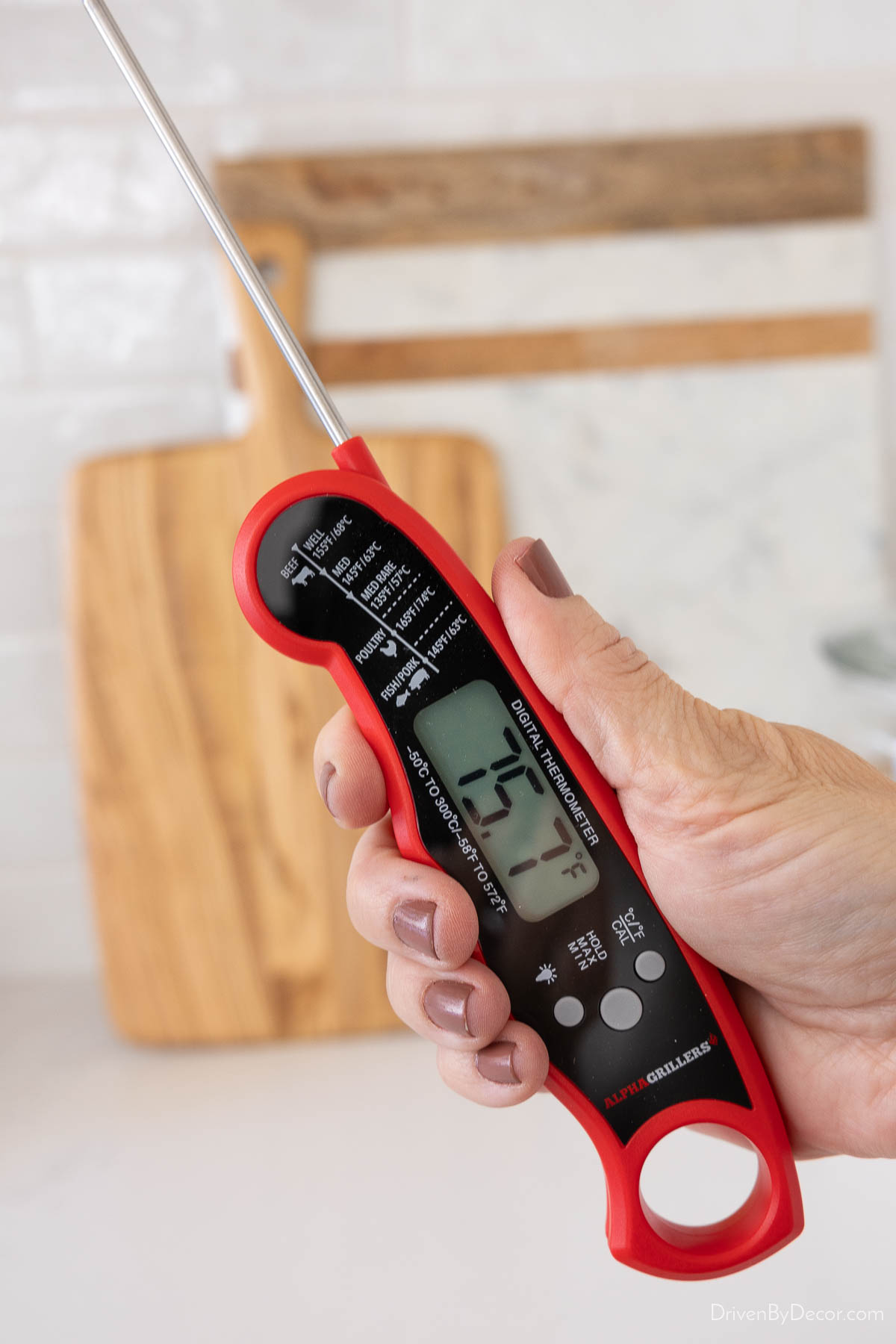 Folding digital thermometer with cooking temperature guide