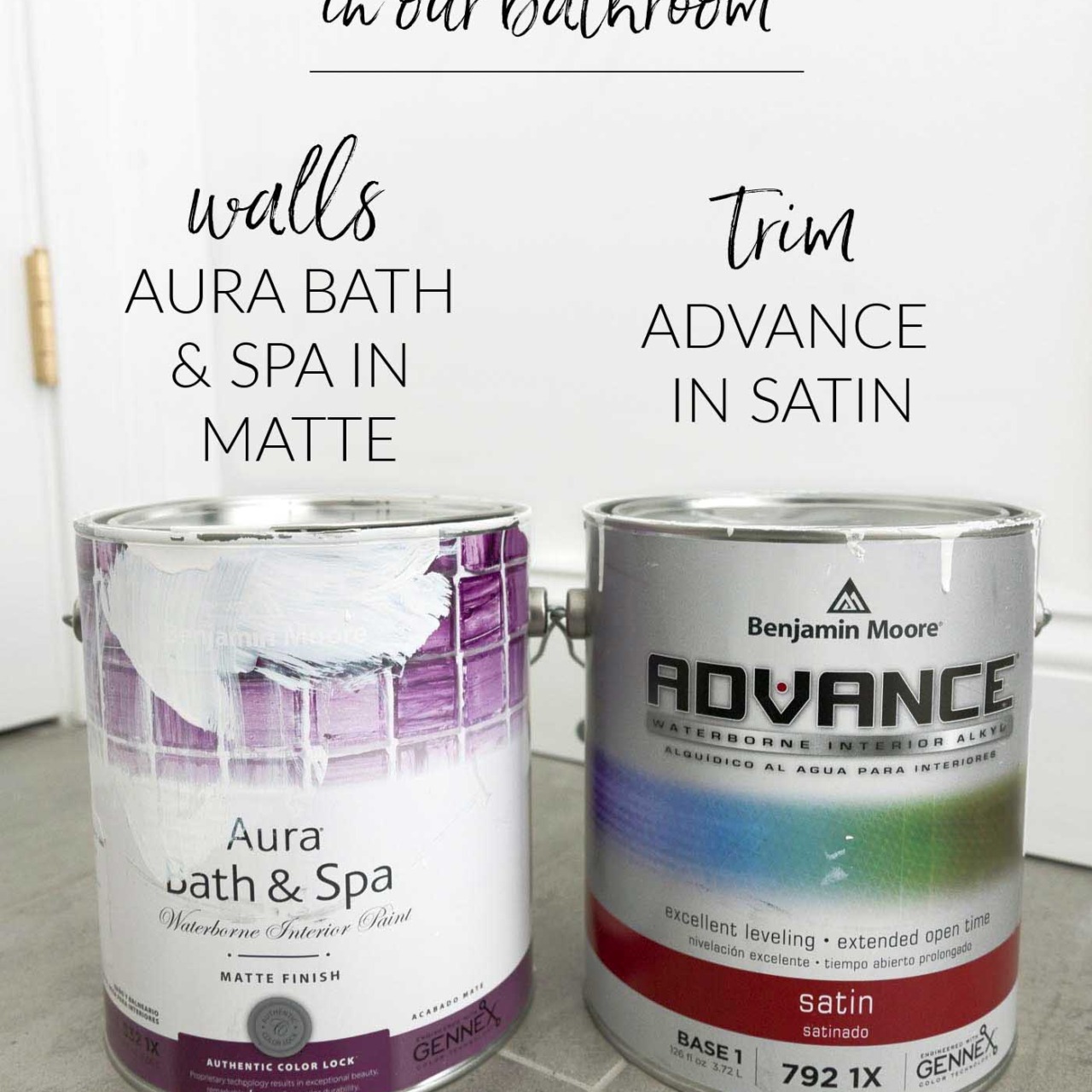 The sheen & type of paint I used for Chantilly White in our bathroom