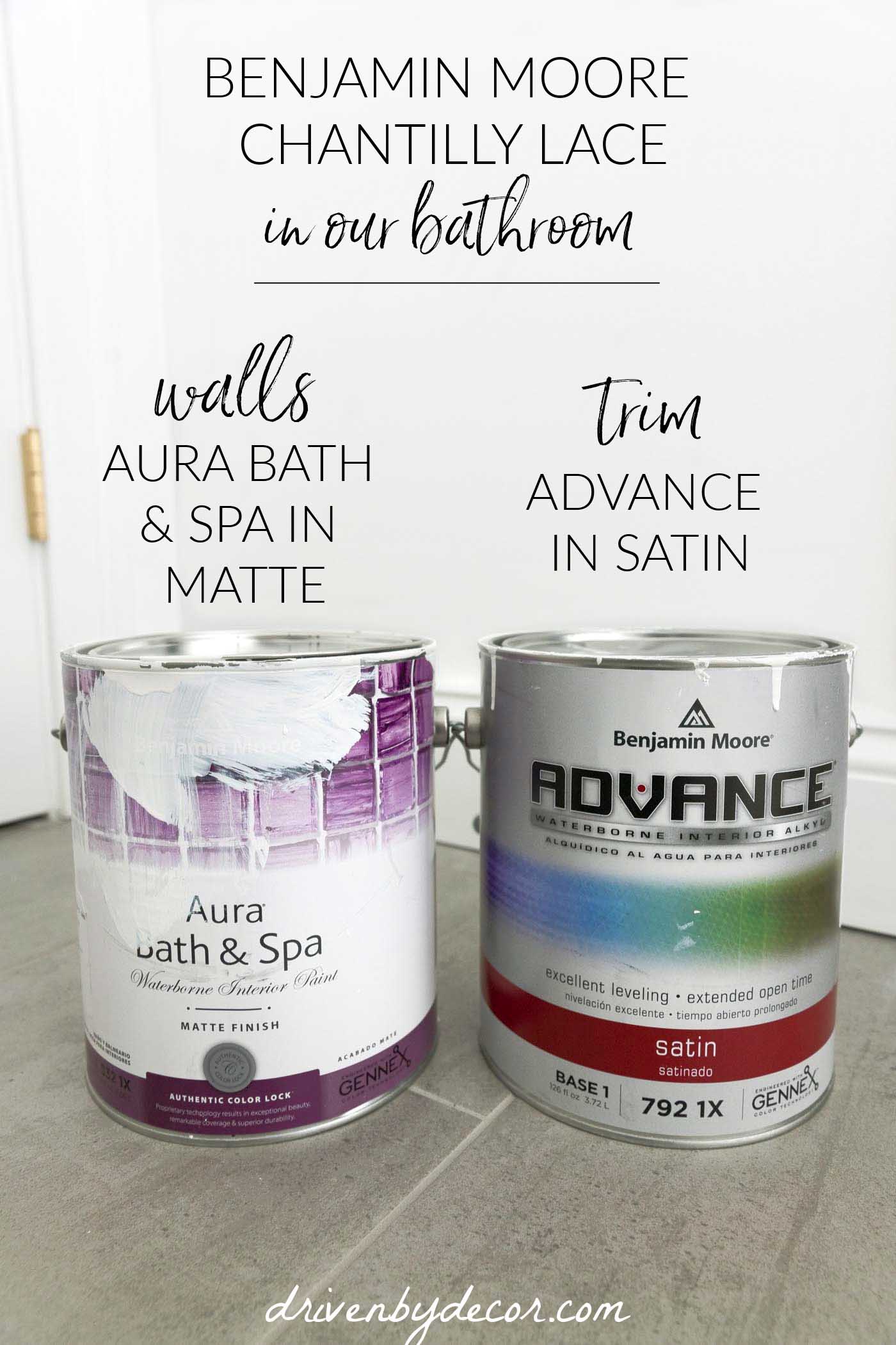 The sheen & type of paint I used for Chantilly White in our bathroom