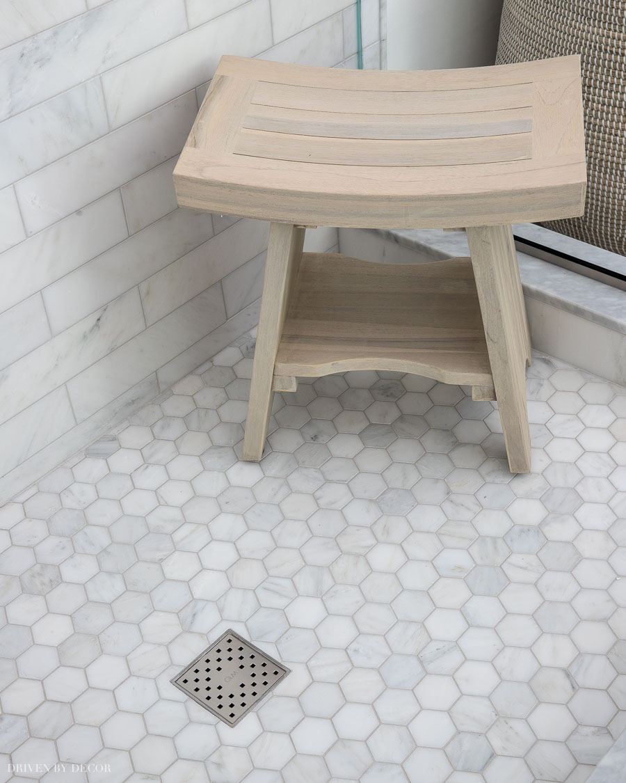 The driftwood teak bench in our shower - love!