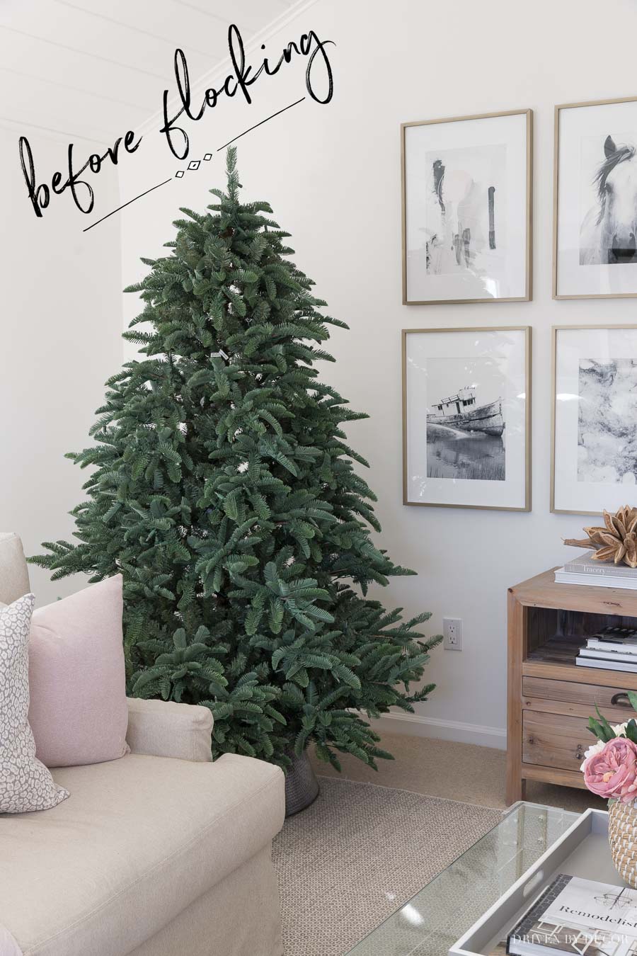 Our Christmas tree before we flocked it! This post shows exactly how to do it!