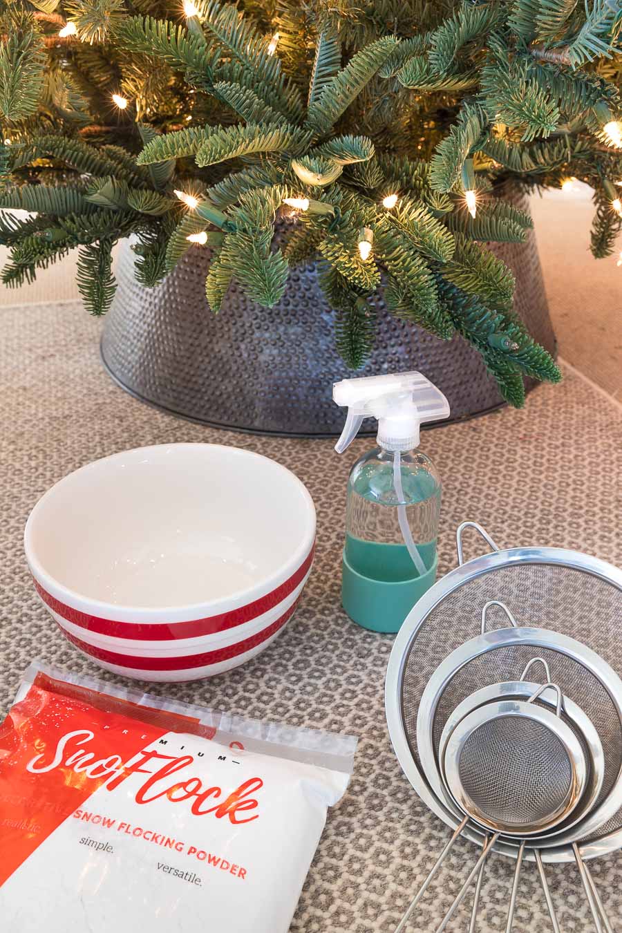 The supplies you need to flock a Christmas tree - the post has a great step by step!