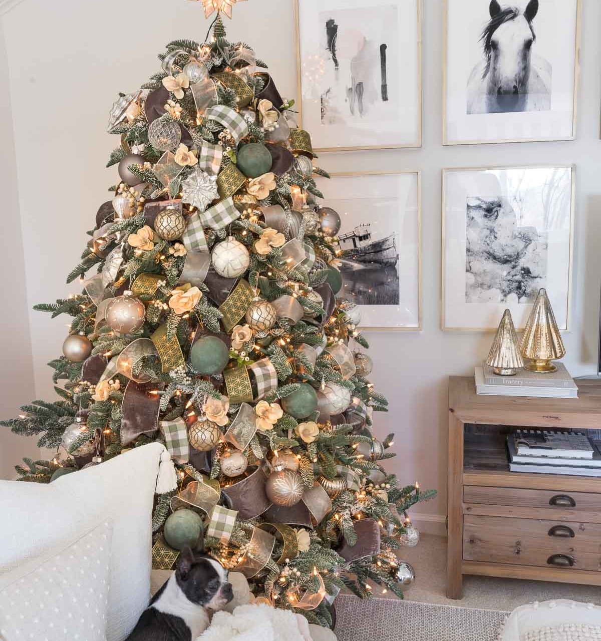 Our Christmas tree decorated with green, gray, gold, and silver ribbon and ornaments!