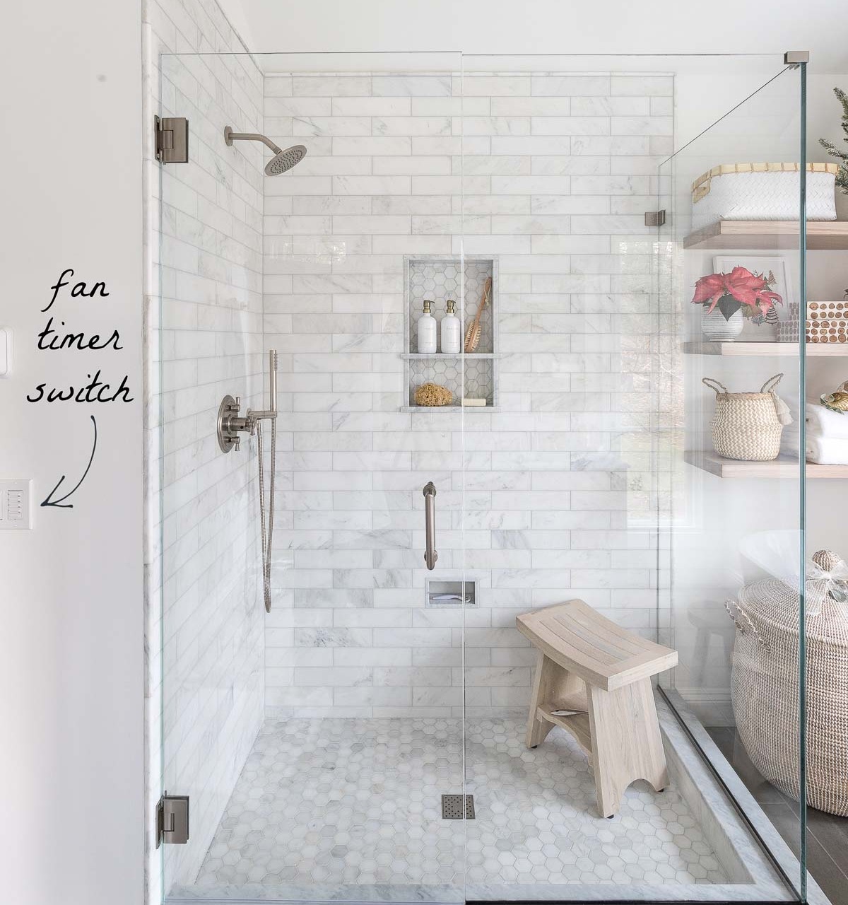 A fan timer switch is a master bathroom remodel idea I'd definitely do again!