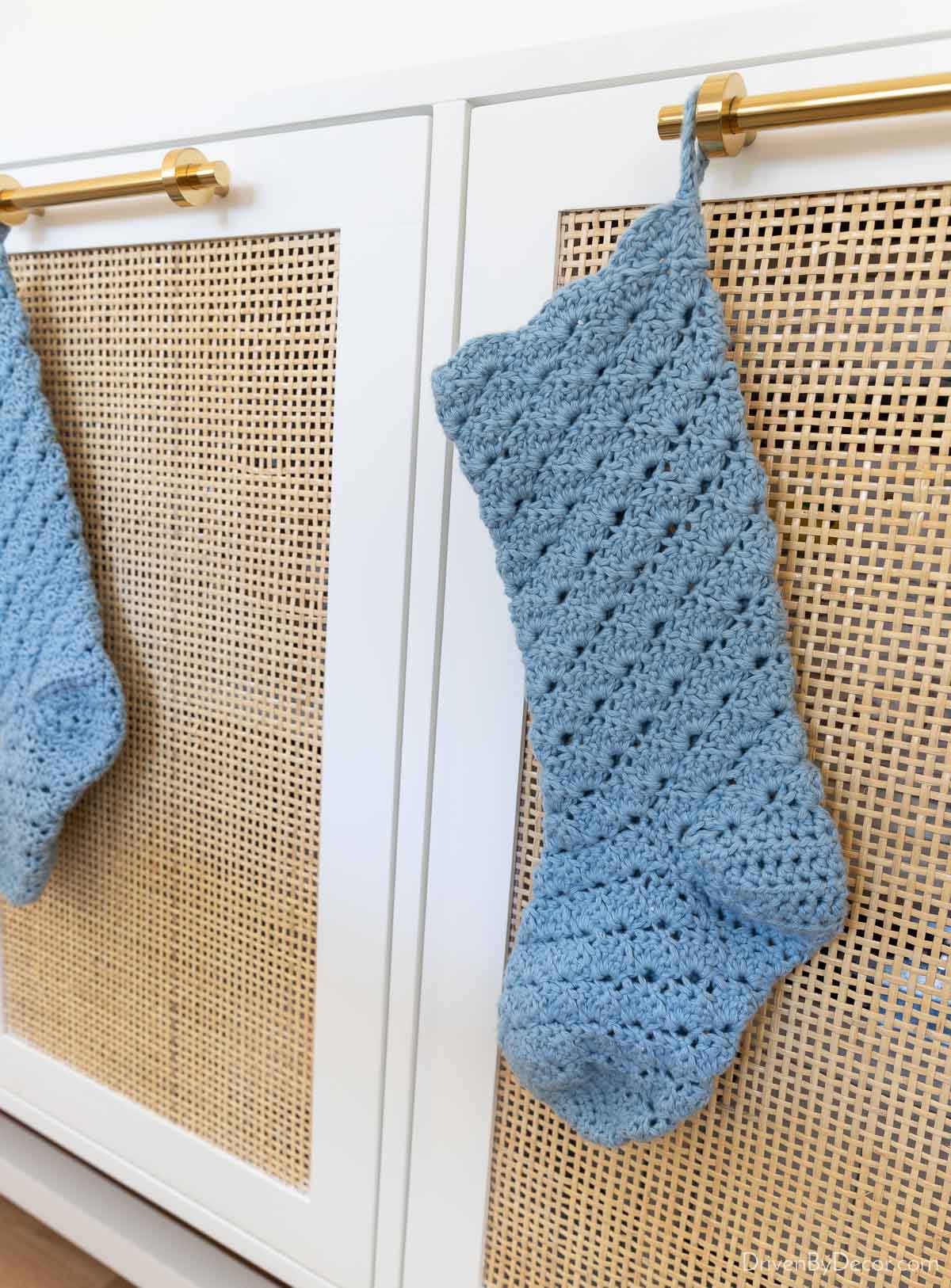 Hand knit blue Christmas stockings