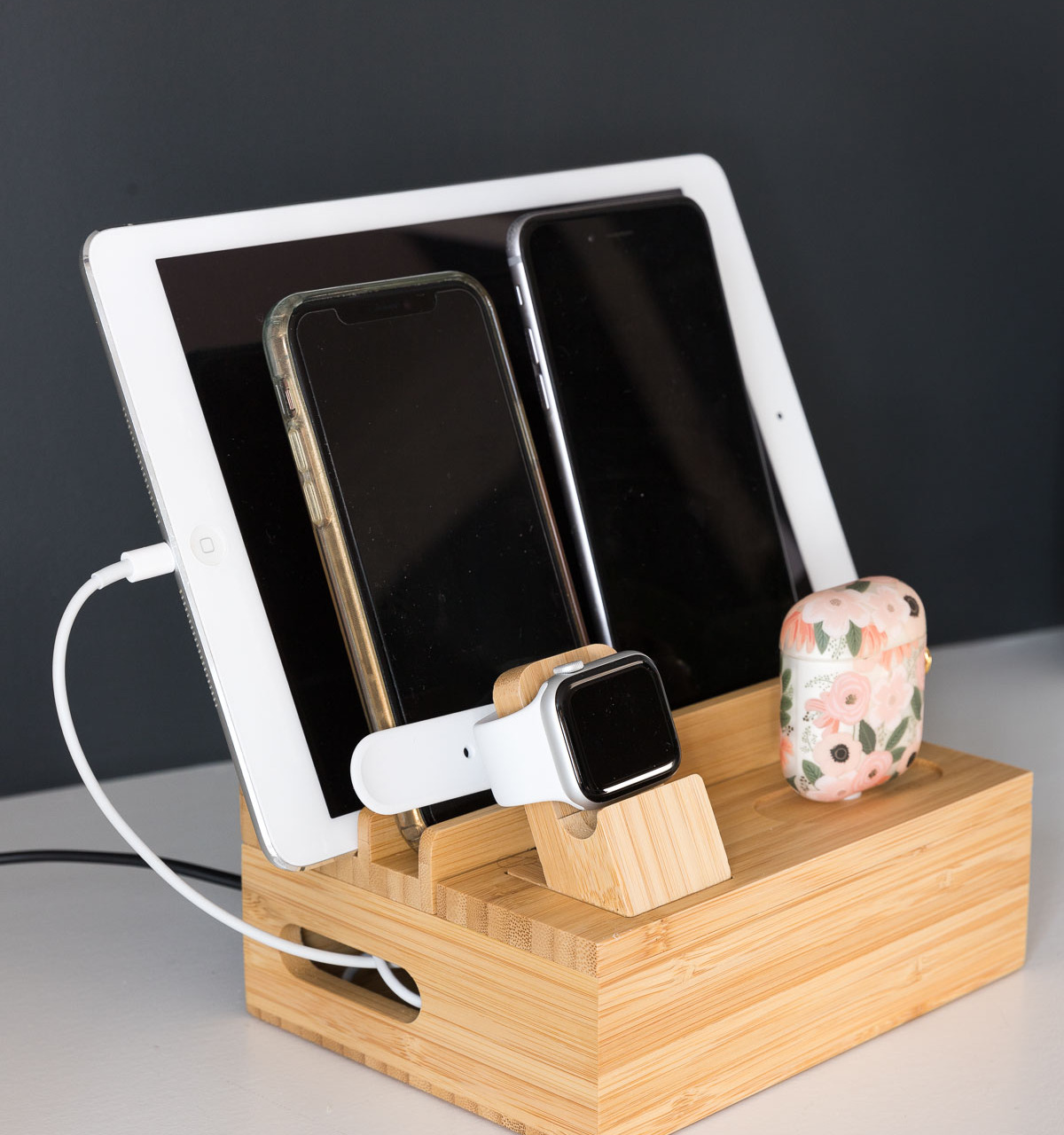 Our electronics organizer and charging station - helps so much with cord clutter!