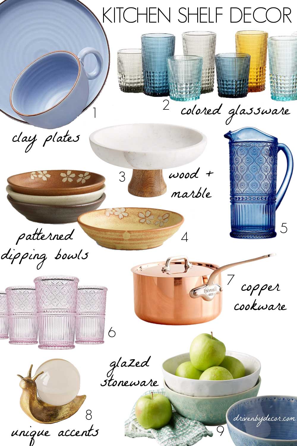 Kitchen shelf decor - colored glassware, clay plates, and copper cookware are trending!