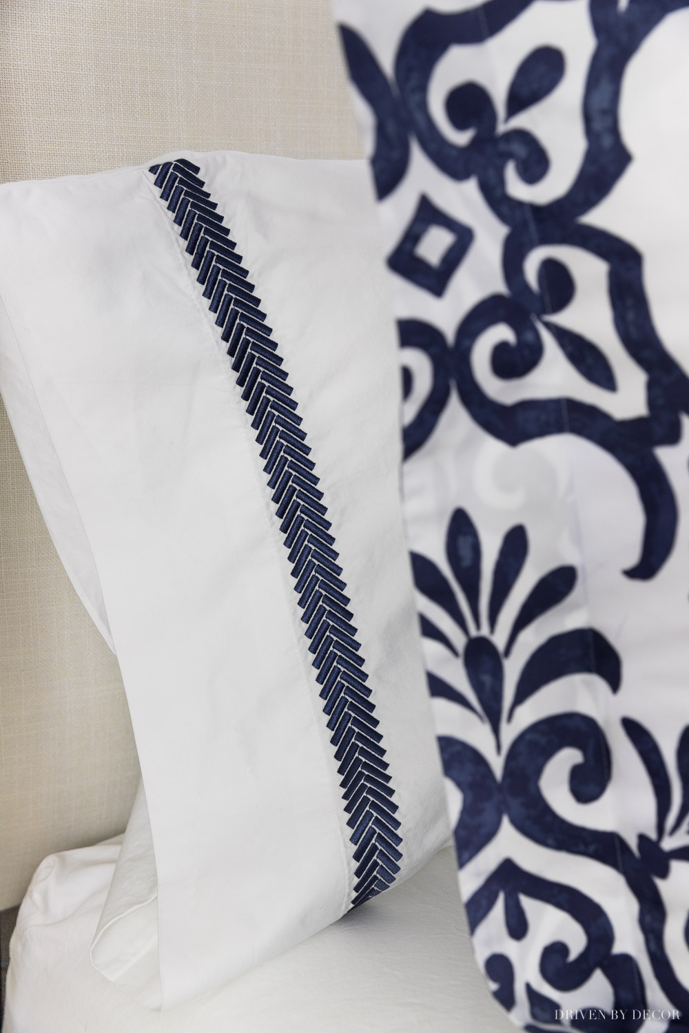 Gorgeous navy embroidered edge pillowcases