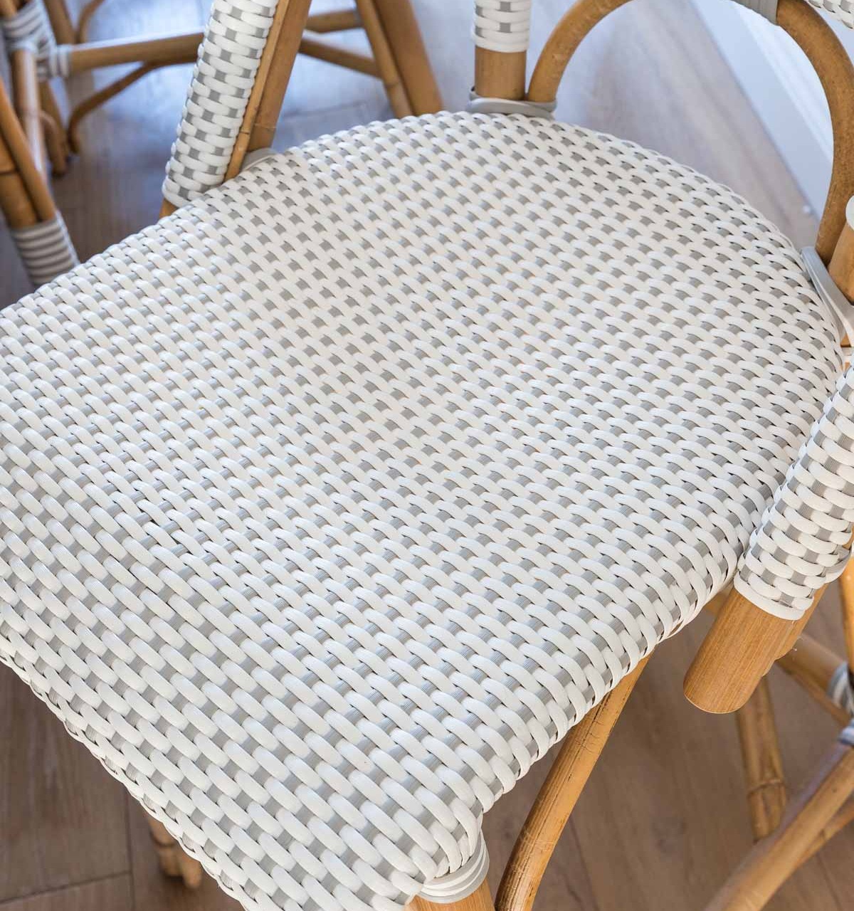 The seats of our counter stools - it's a plastic weave which makes them easy to clean and kid friendly!