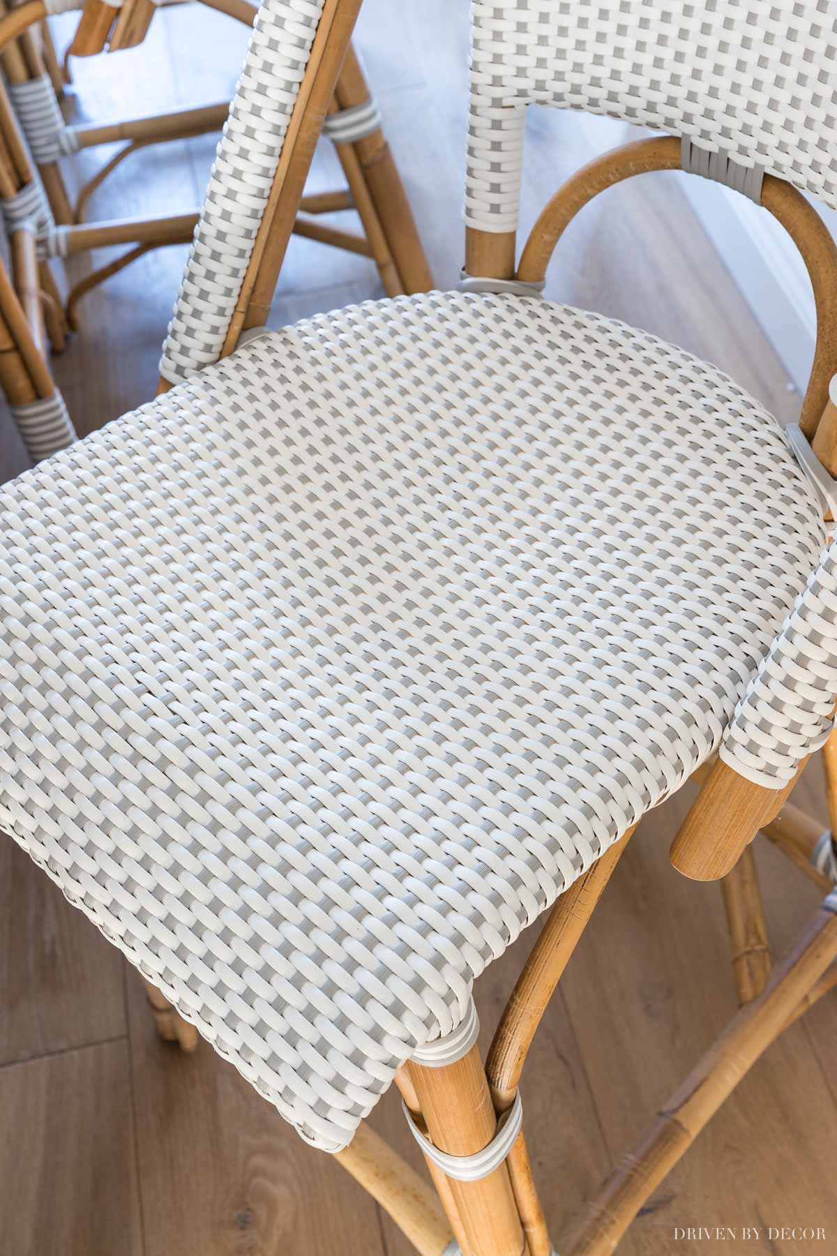 The seats of our counter stools - it's a plastic weave which makes them easy to clean and kid friendly!