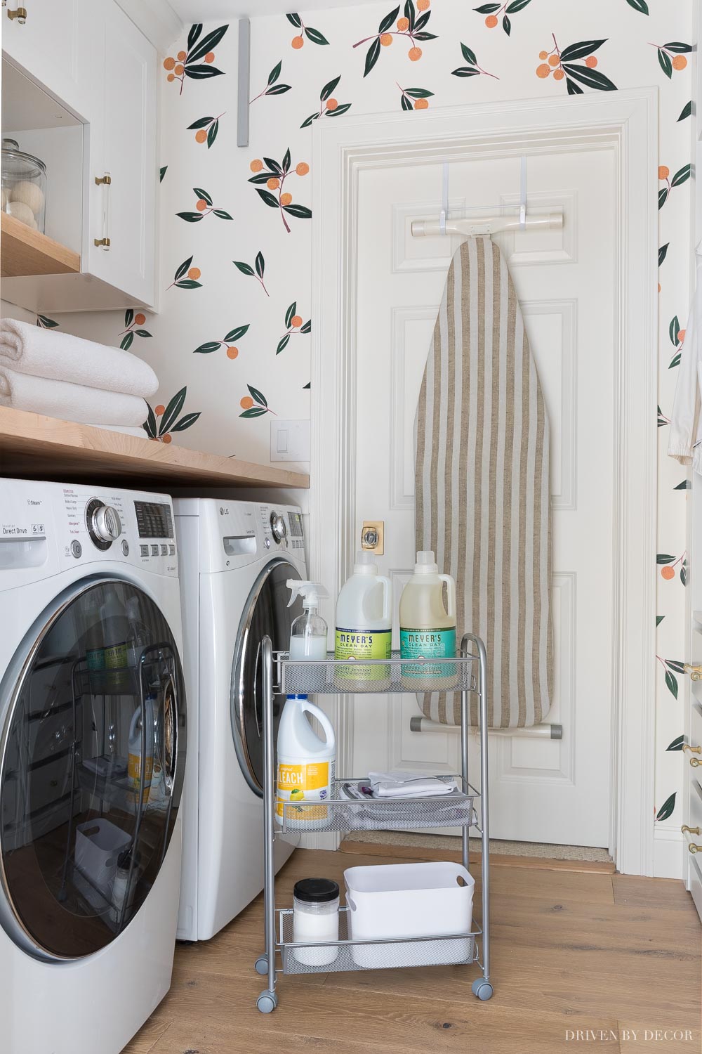 This slim rolling cart between our washer and dryer is the perfect storage solution for my most used laundry products!