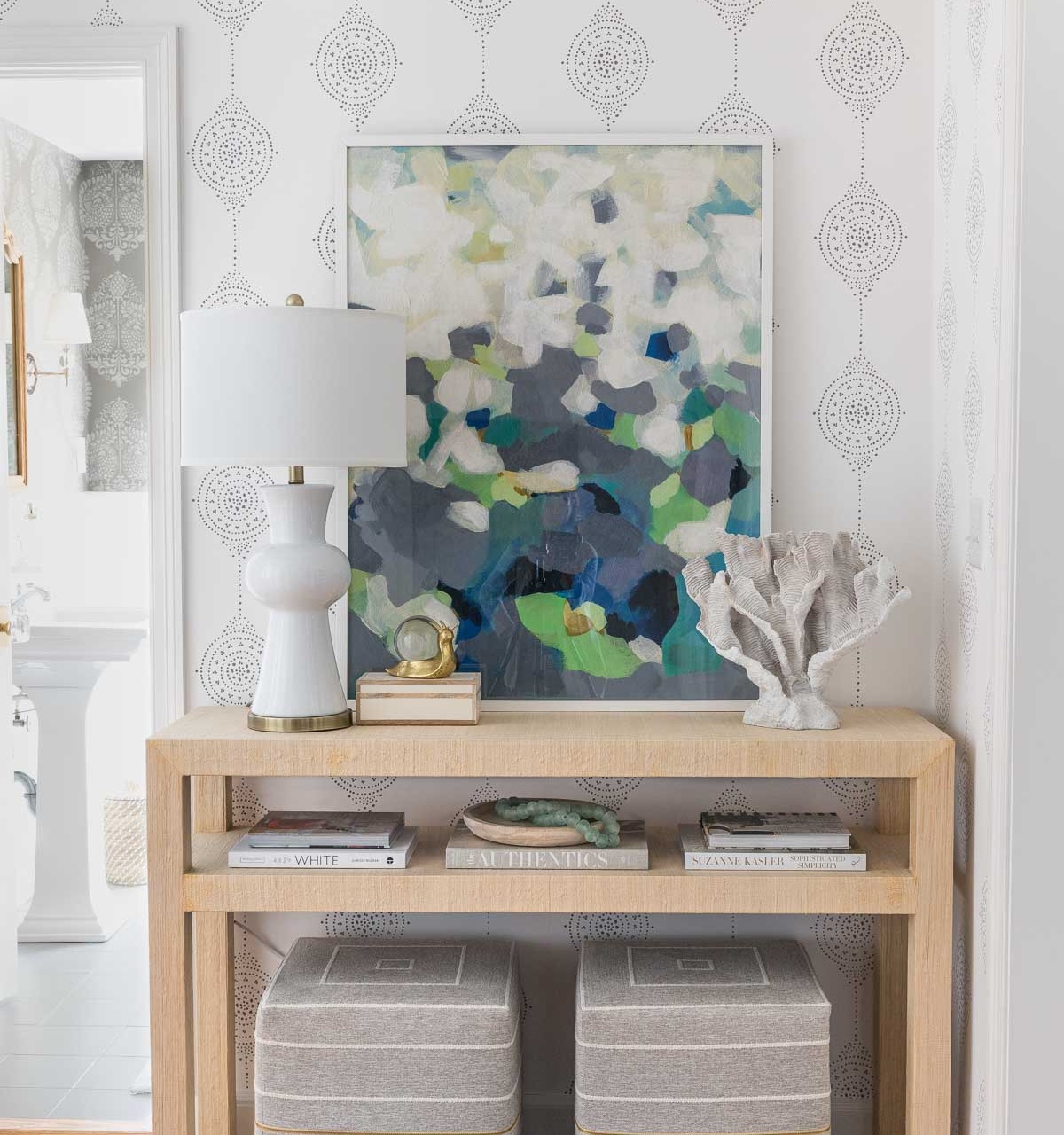 So happy with how my entryway came together with wallpaper, console table, and accessories