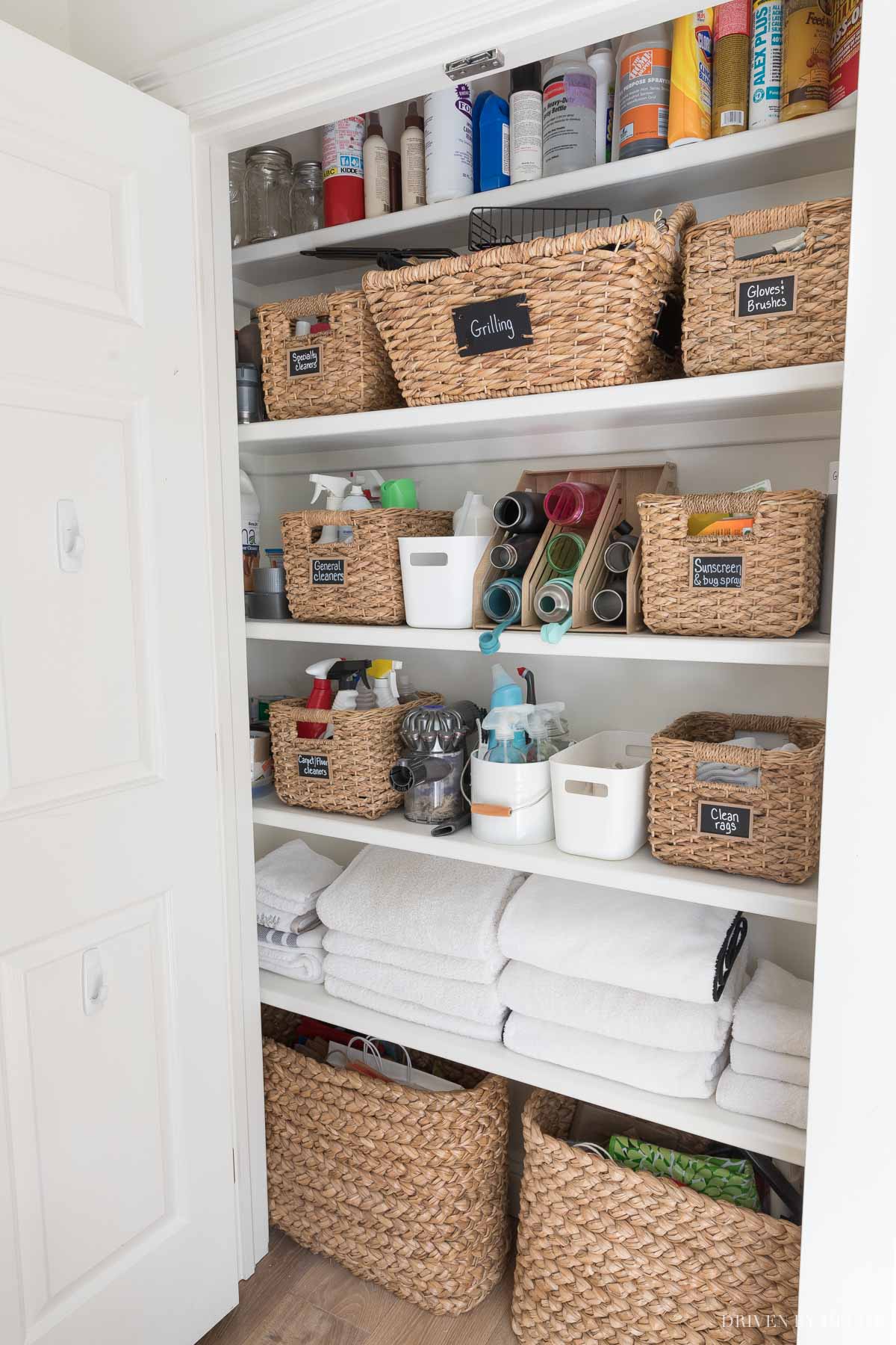 Our closet of cleaning supplies, including the microfiber cloths I use for cleaning our marble bathroom