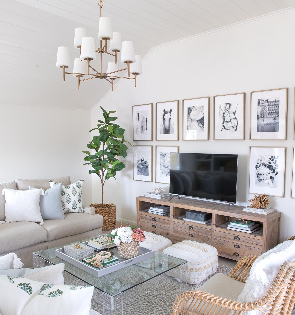 Our family room painted in Benjamin Moore Cloud White paint color