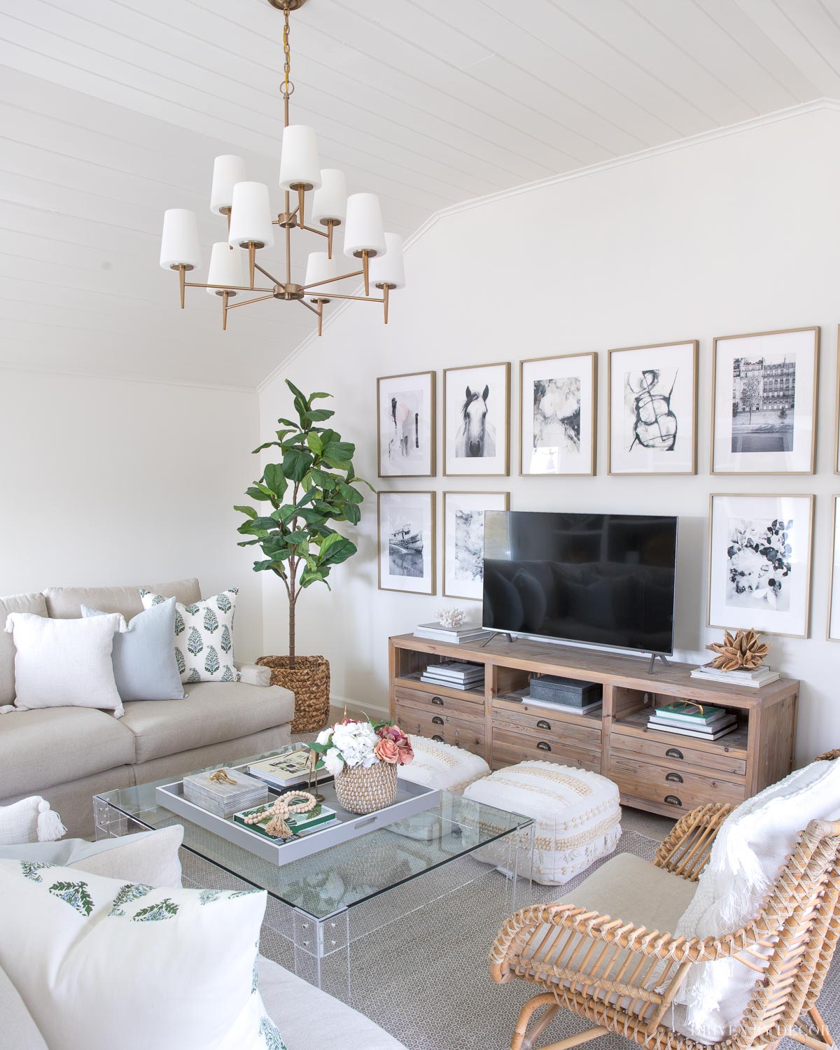 Our family room painted in Benjamin Moore Cloud White paint color