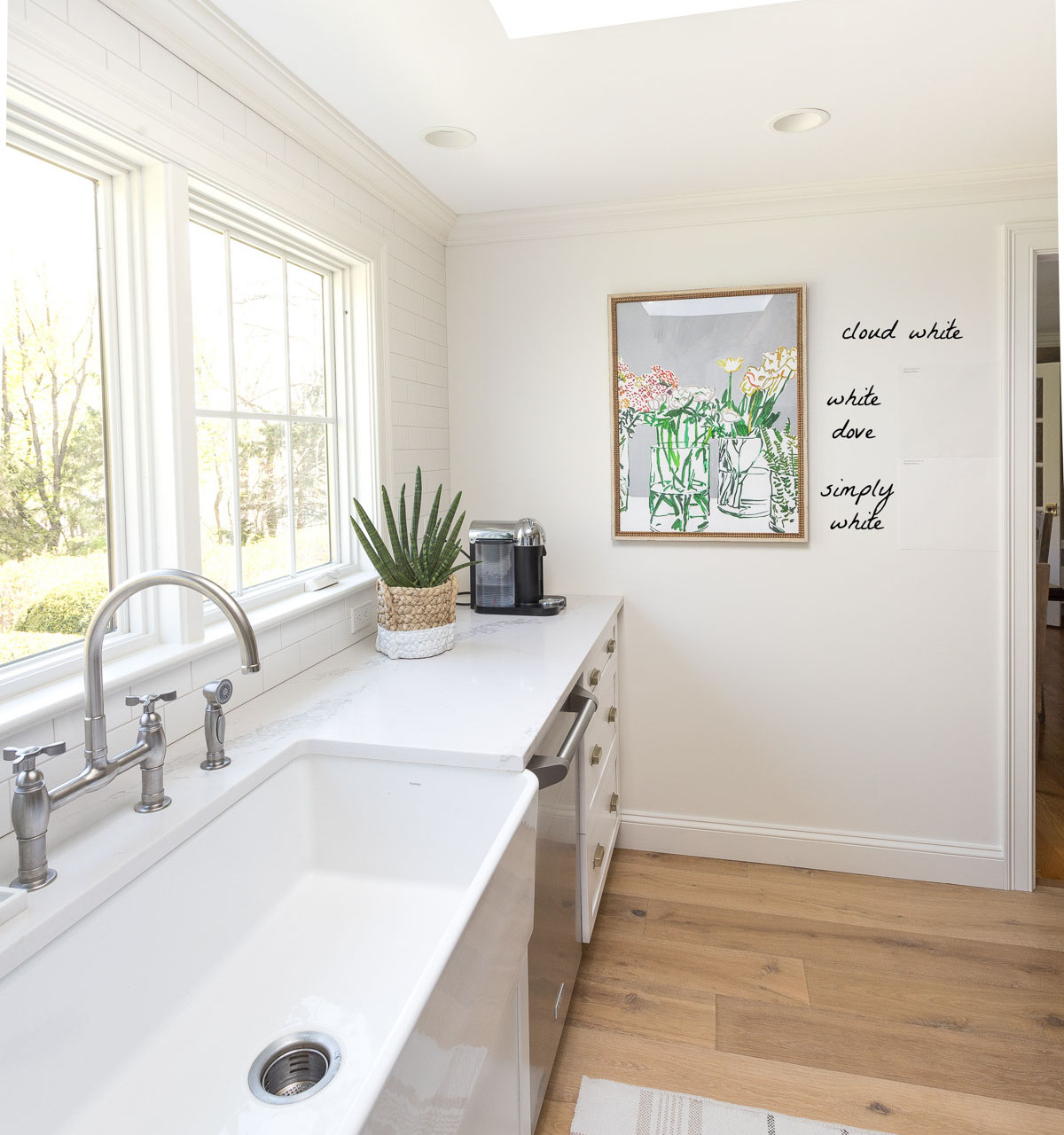 Benjamin Moore Cloud White vs. other white paint colors in our kitchen