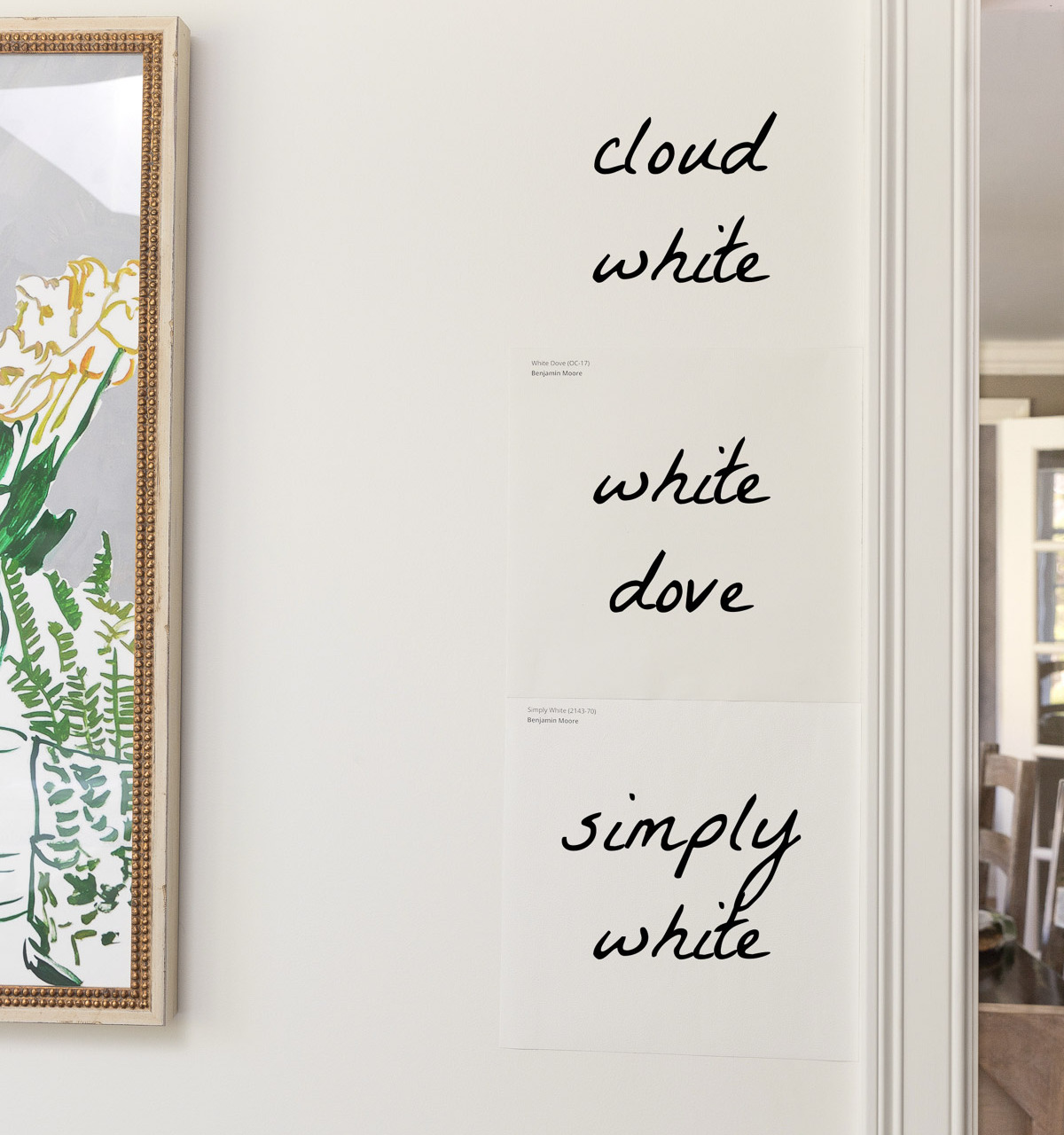 Benjamin Moore Cloud White vs. White Dove and Simply White paint colors