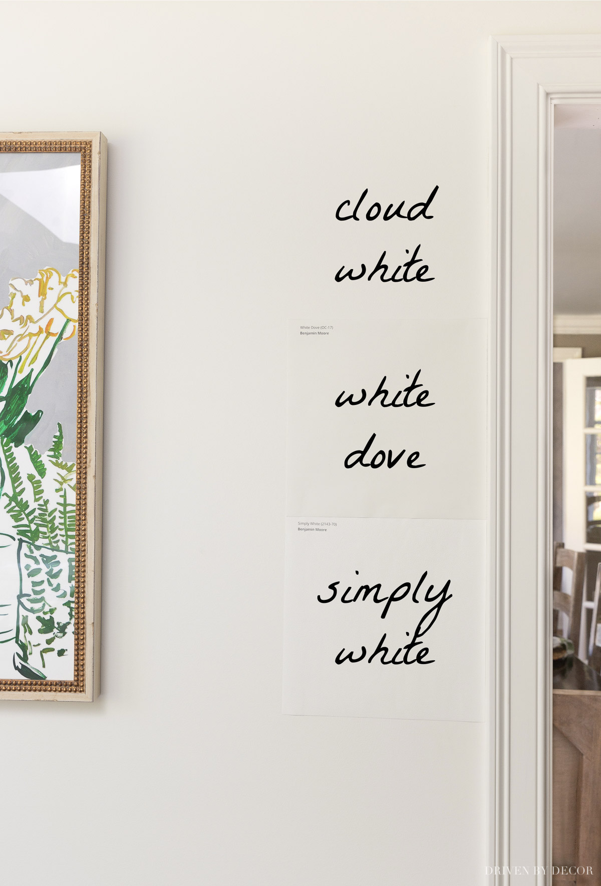 Benjamin Moore Cloud White vs. White Dove and Simply White paint colors