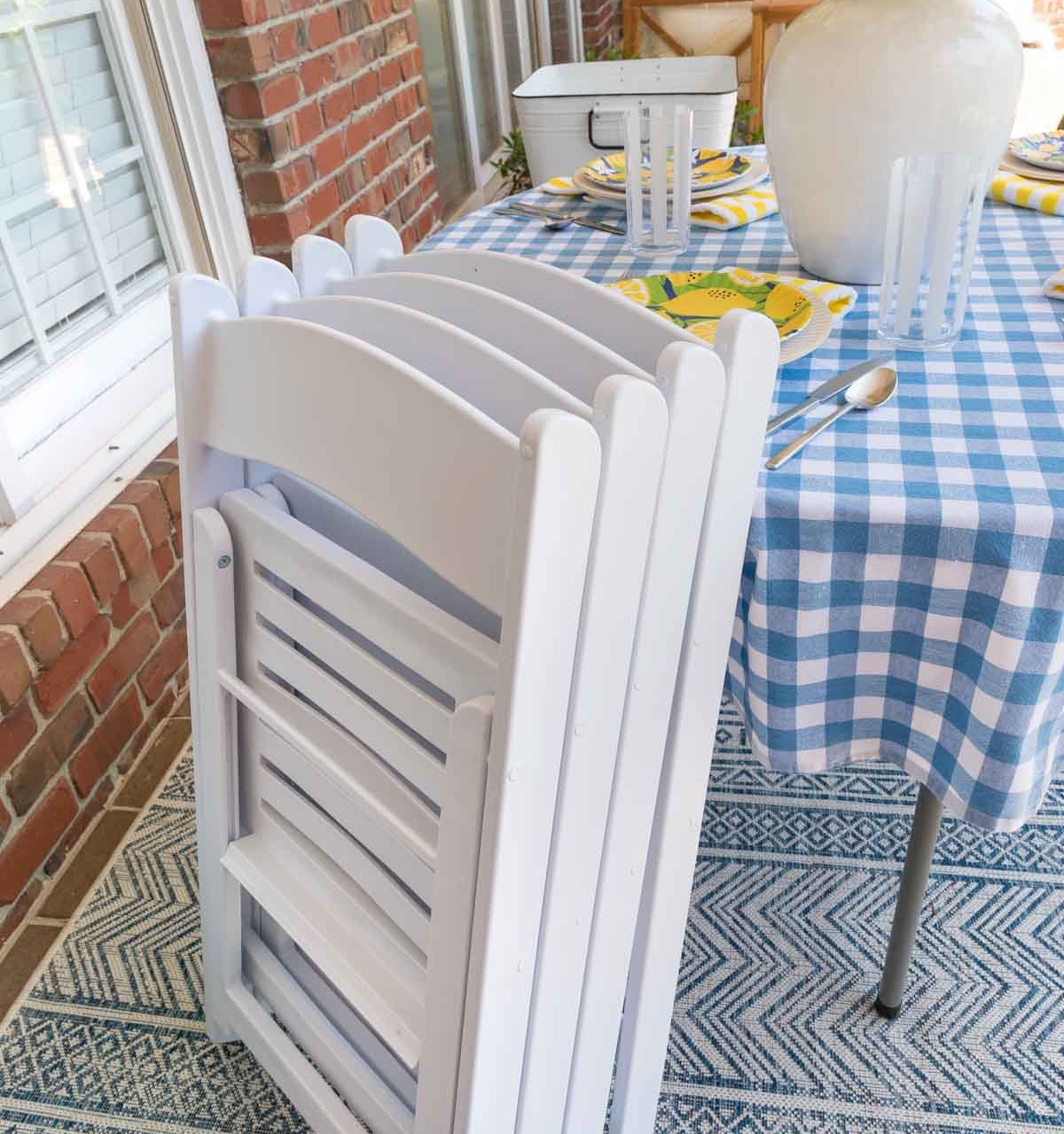 Stack of folding outdoor chairs