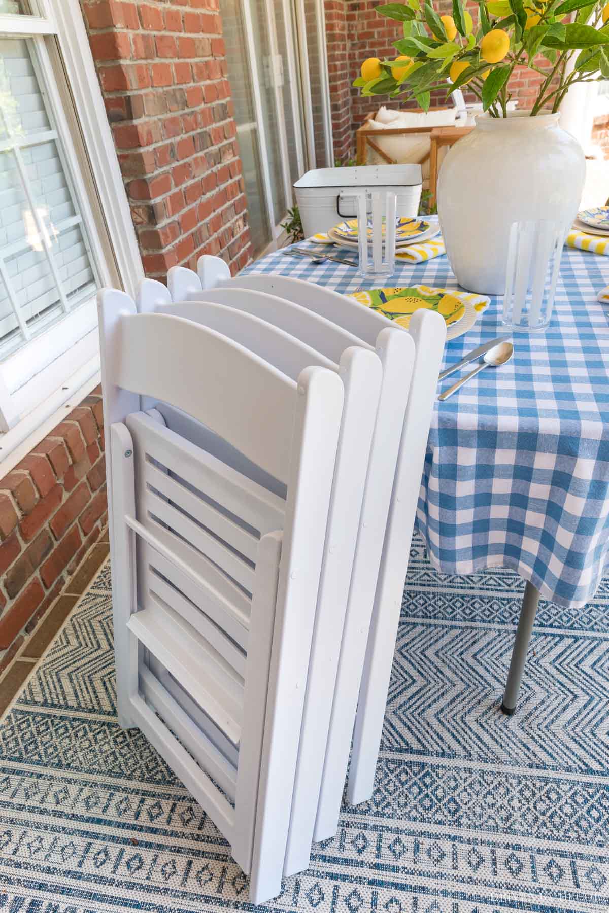 Stack of folding outdoor chairs