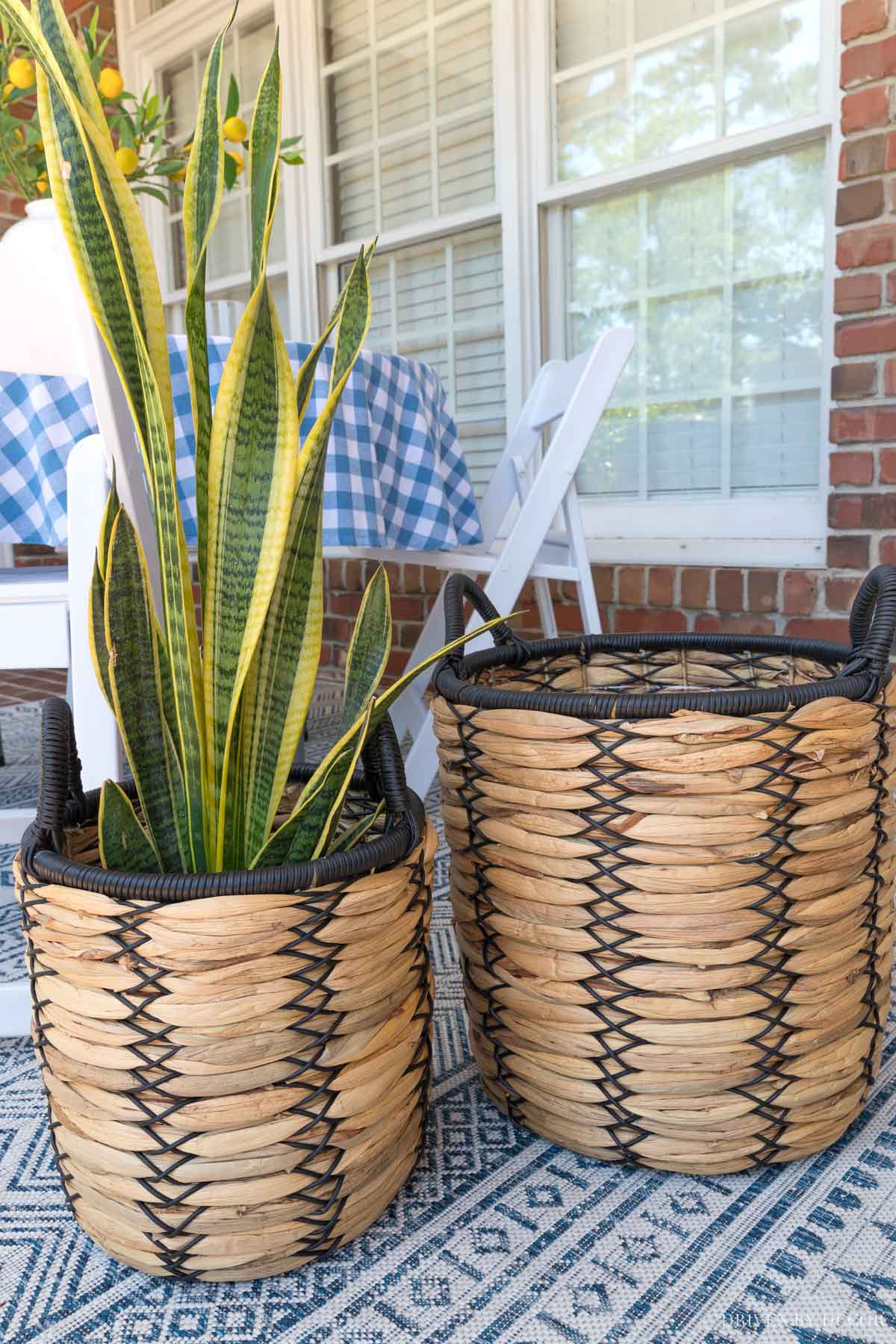 LOVE this set of two plant baskets that have a plastic liner to keep water from spilling out!