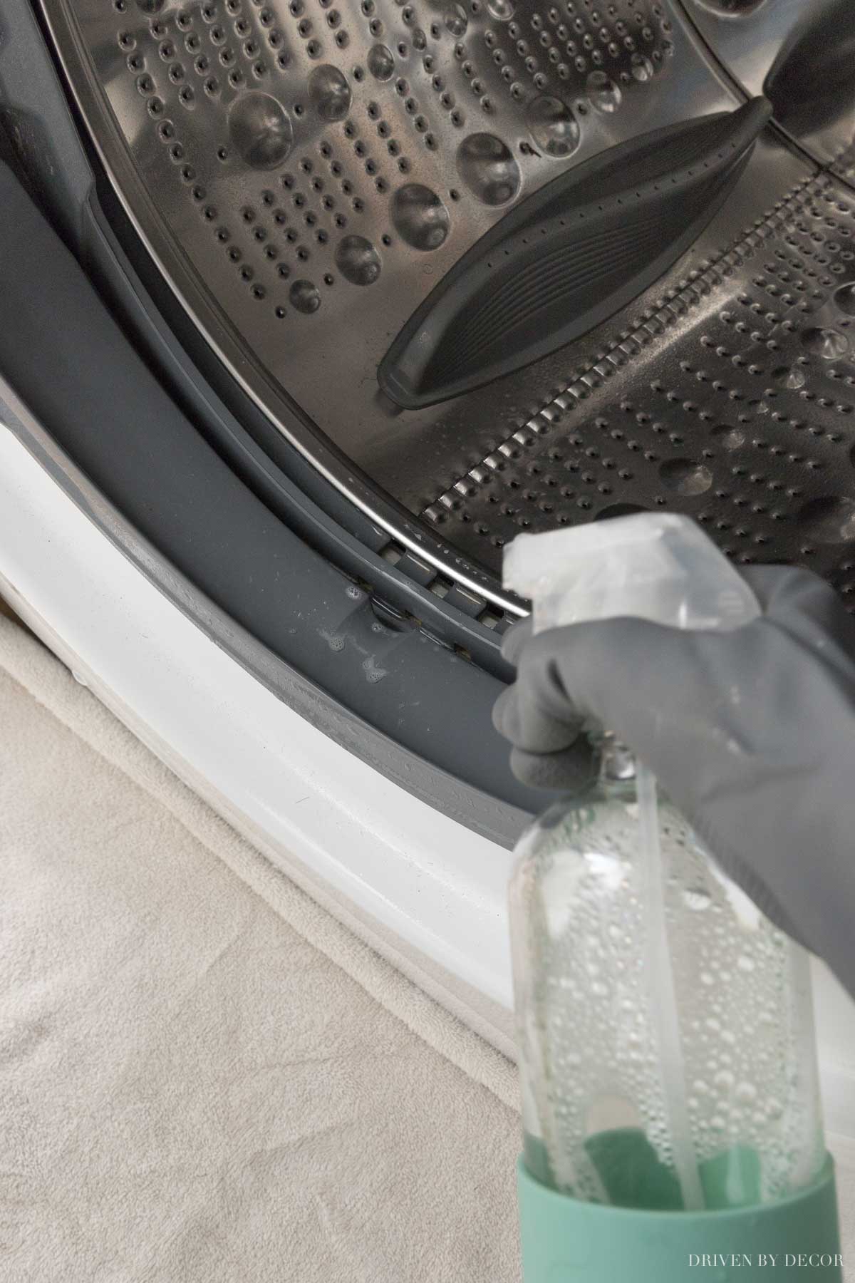Spraying diluted bleach on your washing machine seal before scrubbing it is the best way I found to get it clean!