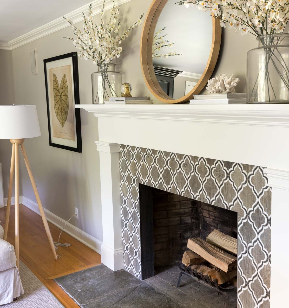 Our living room fireplace with Anew Gray wall color