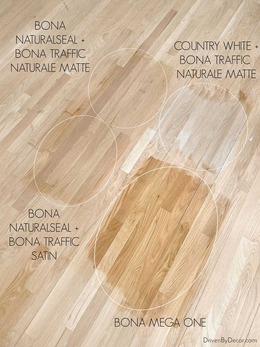 Choosing a hardwood floor stain - Bona NaturalSeal vs. Bona Mega vs. Country White