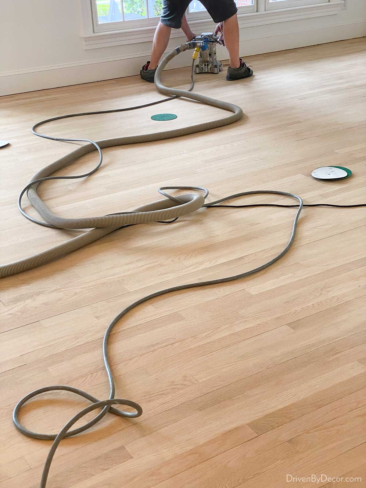 Sanding the edges of the room as part of our hardwood floor refinishing