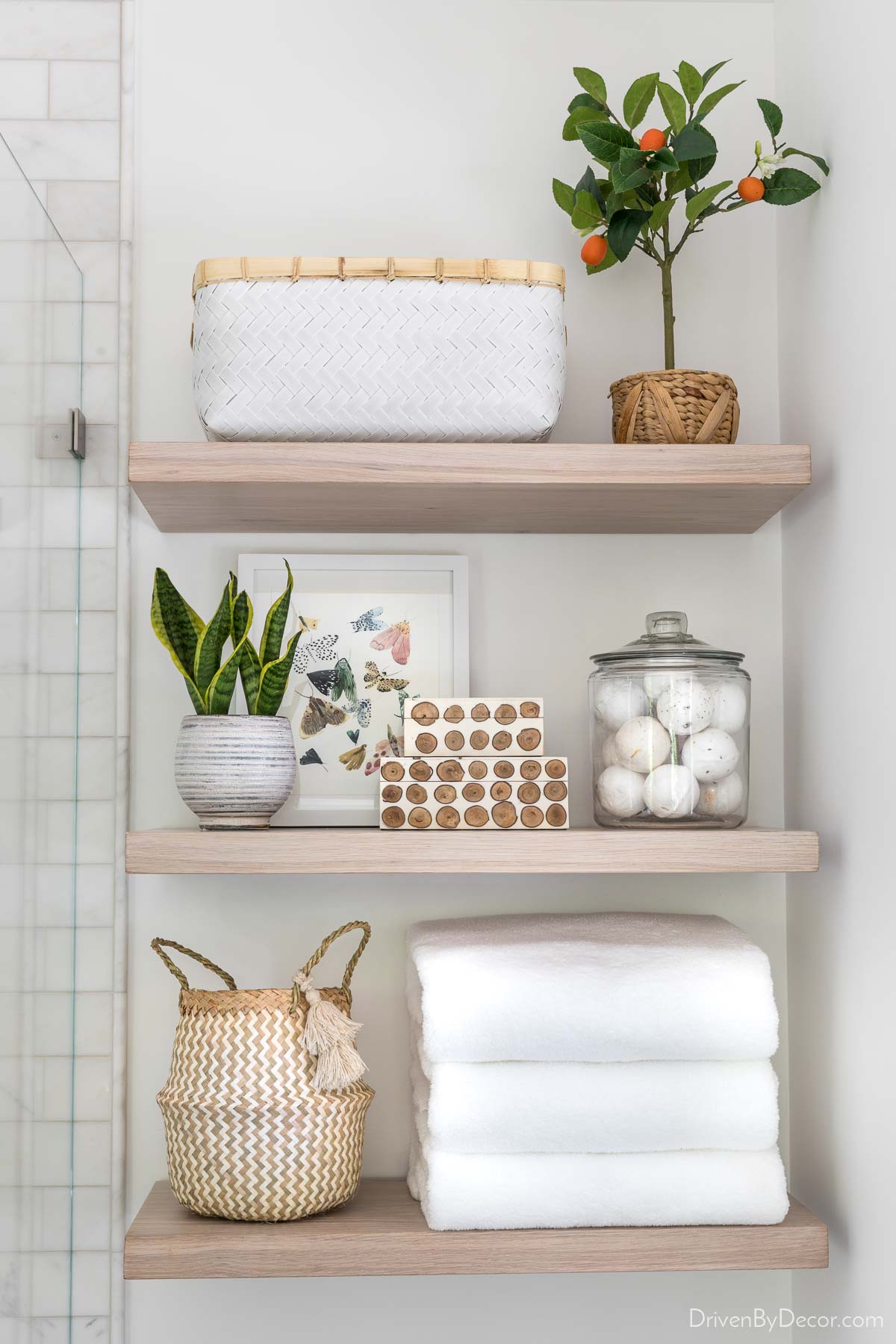 A favorite home remodeling idea is adding floating shelves for stylish storage!