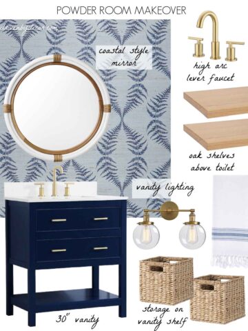 Our powder room design including our vanity, mirror, faucet, & more