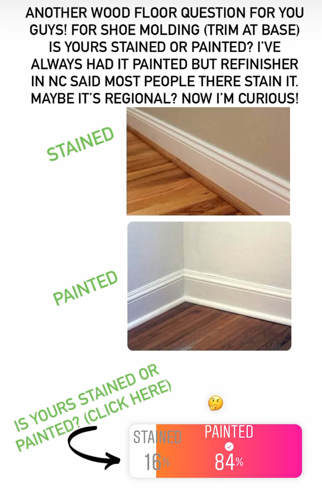 Stained vs. painted shoe molding - 84% prefer painted!