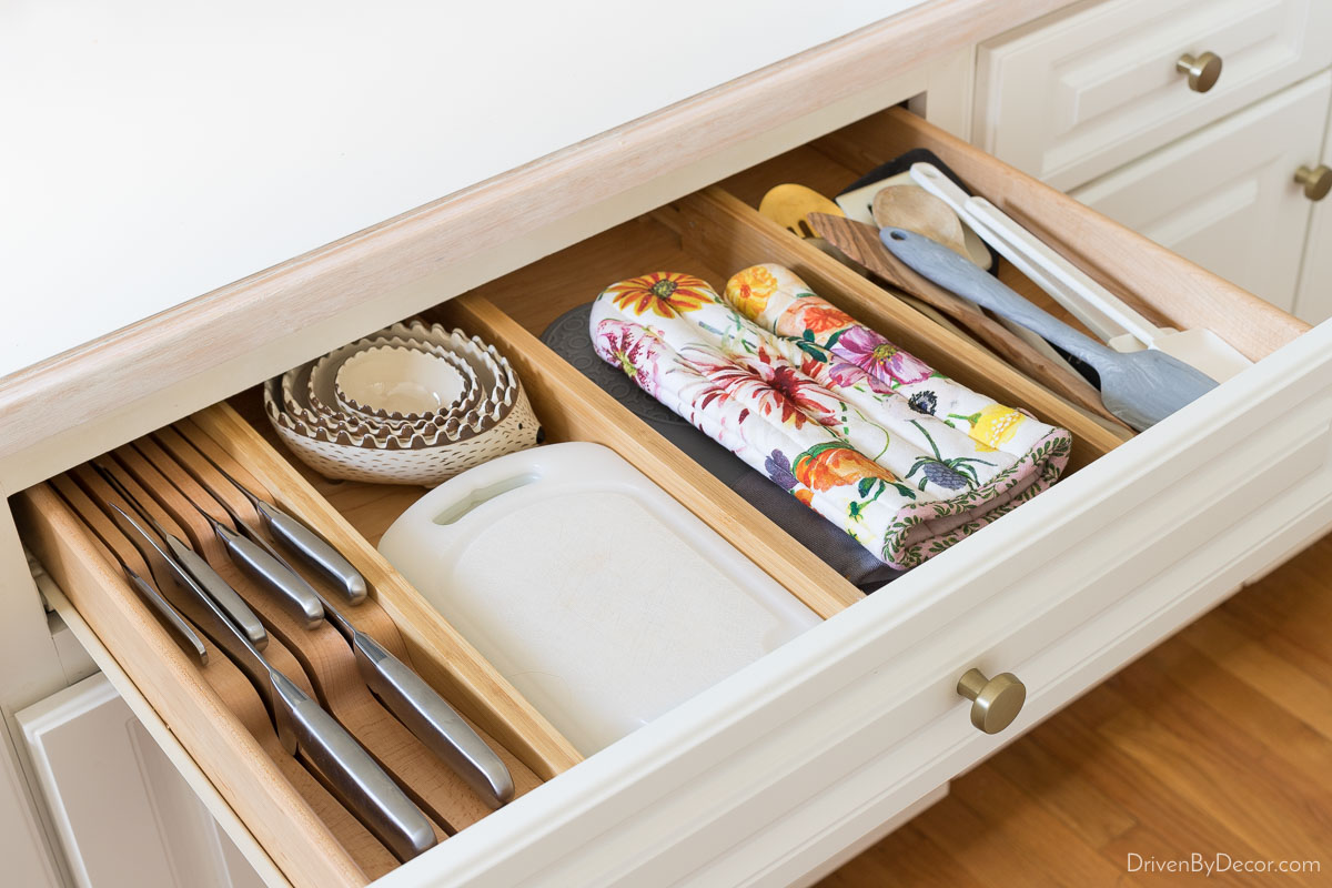 Expandable wood dividers are perfect for organizing your kitchen drawers!