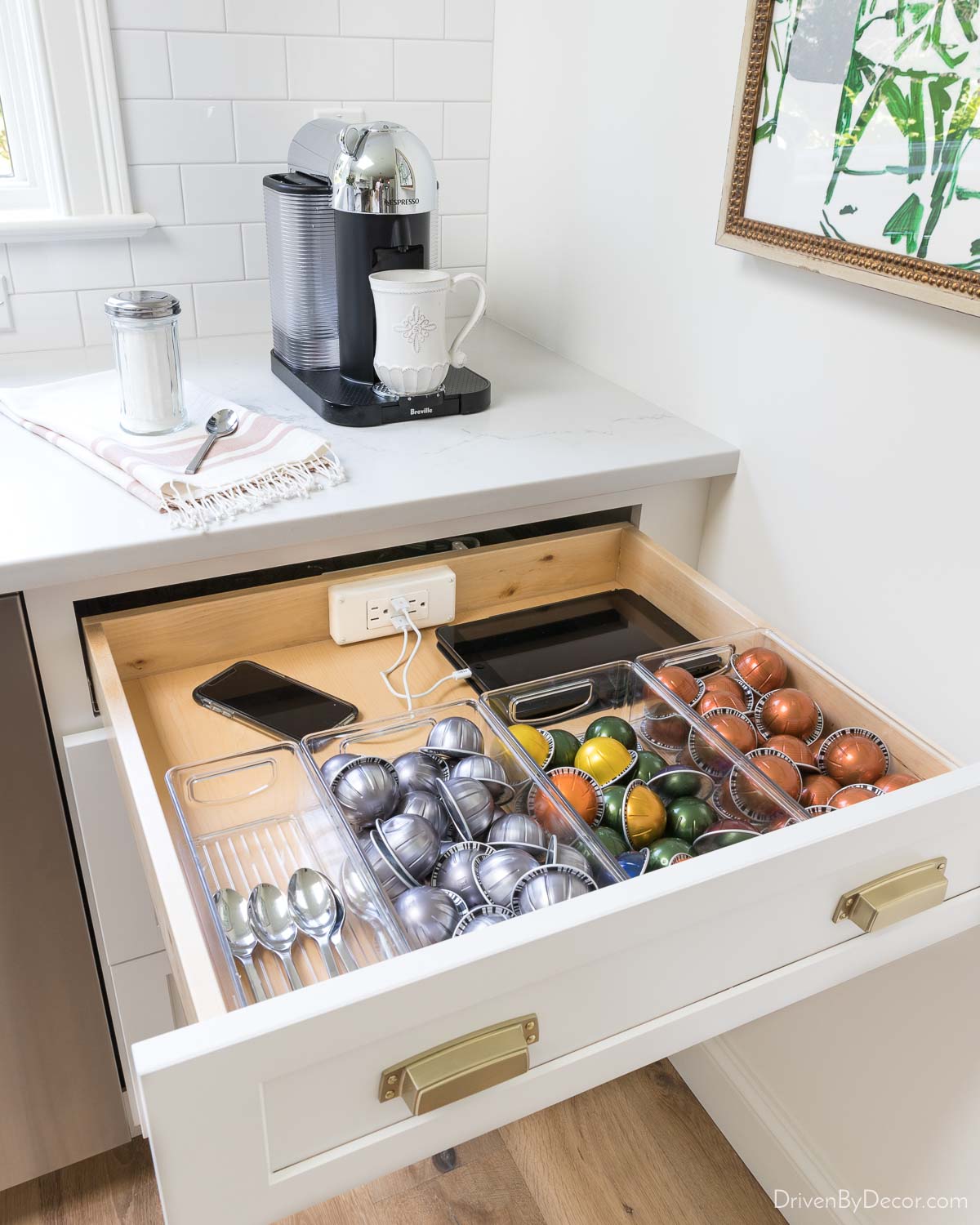 Having an outlet in the back of a kitchen drawer is awesome for charging electronics without countertop clutter!