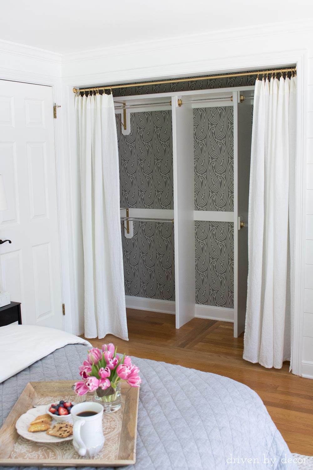 HOME DZINE Bedrooms  Dress up closet doors with fabric wallpaper or  moulding