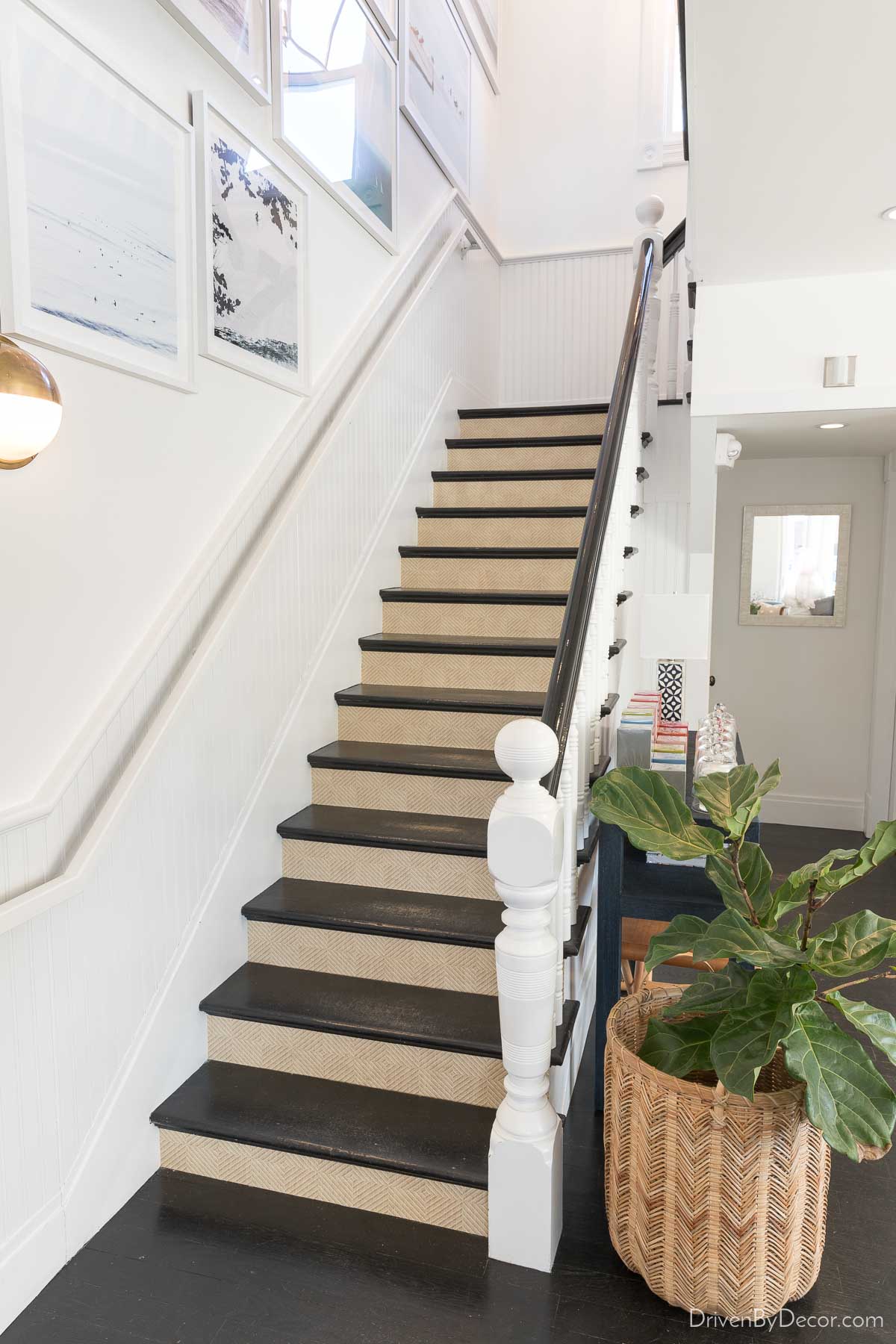 Love the wallpaper idea of adding a subtle patterned paper to the stair risers!