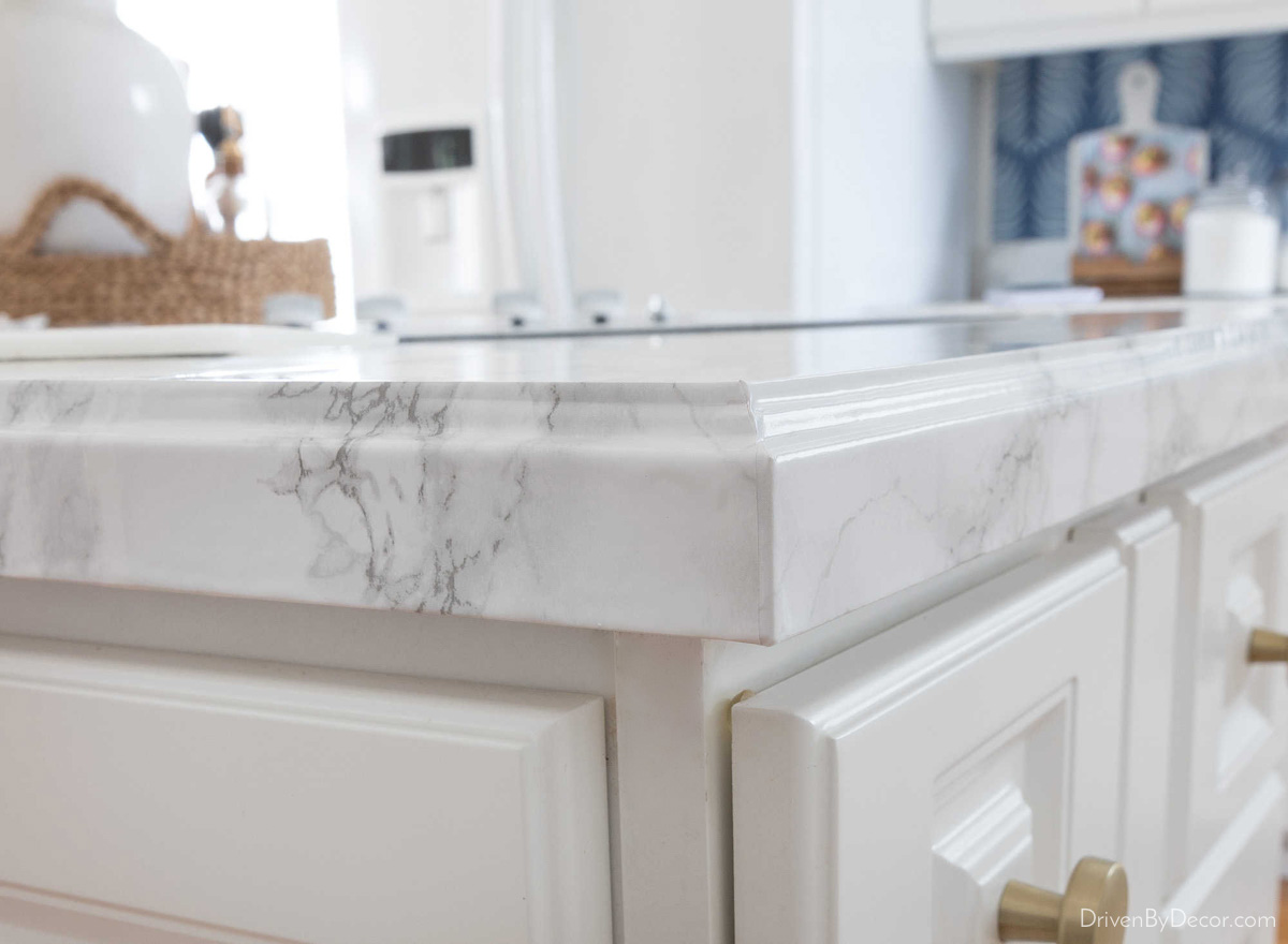 Finished corner of our marble contact paper countertops!