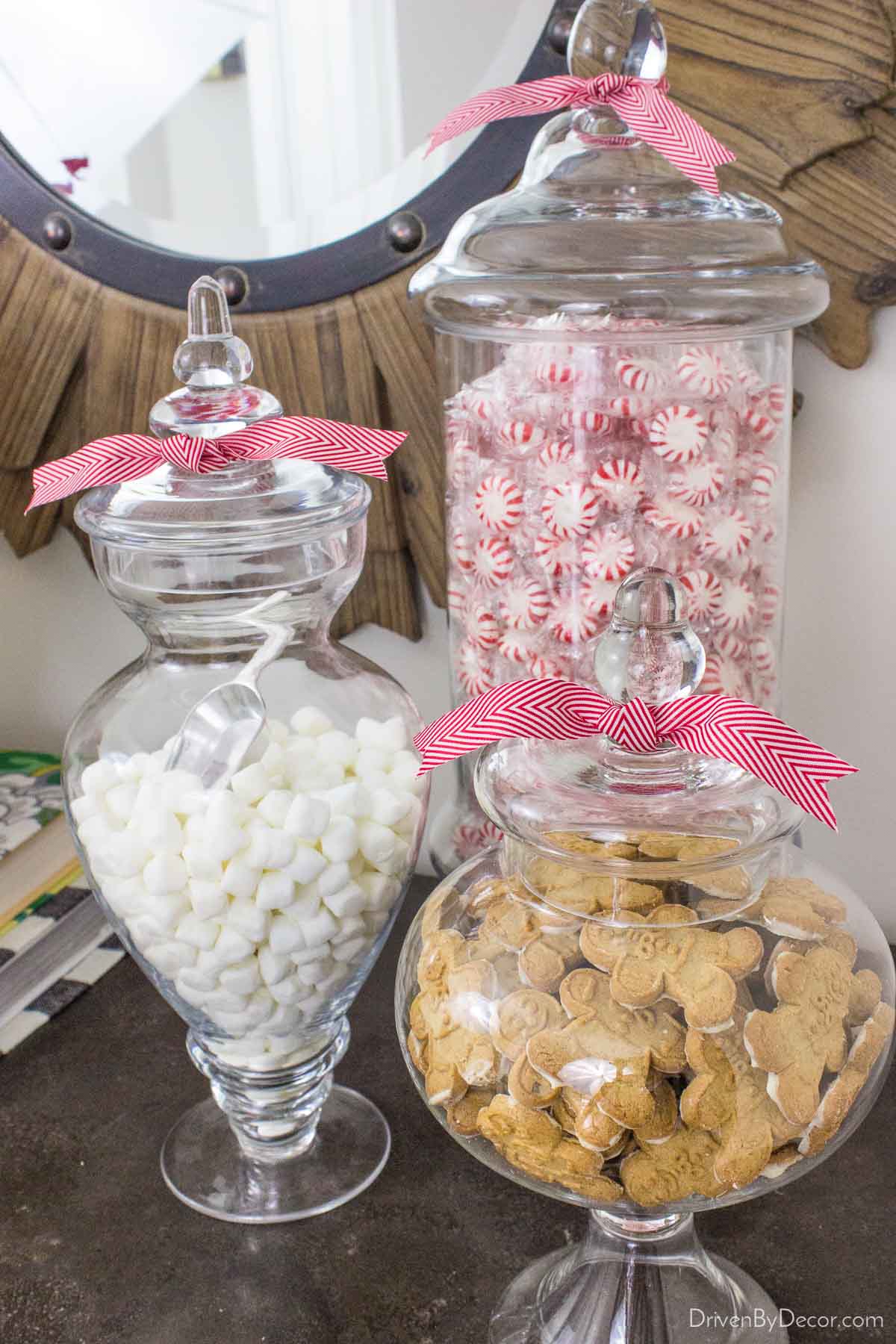 Fill apothecary jars with sweet Christmas treats for simple holiday decorations!