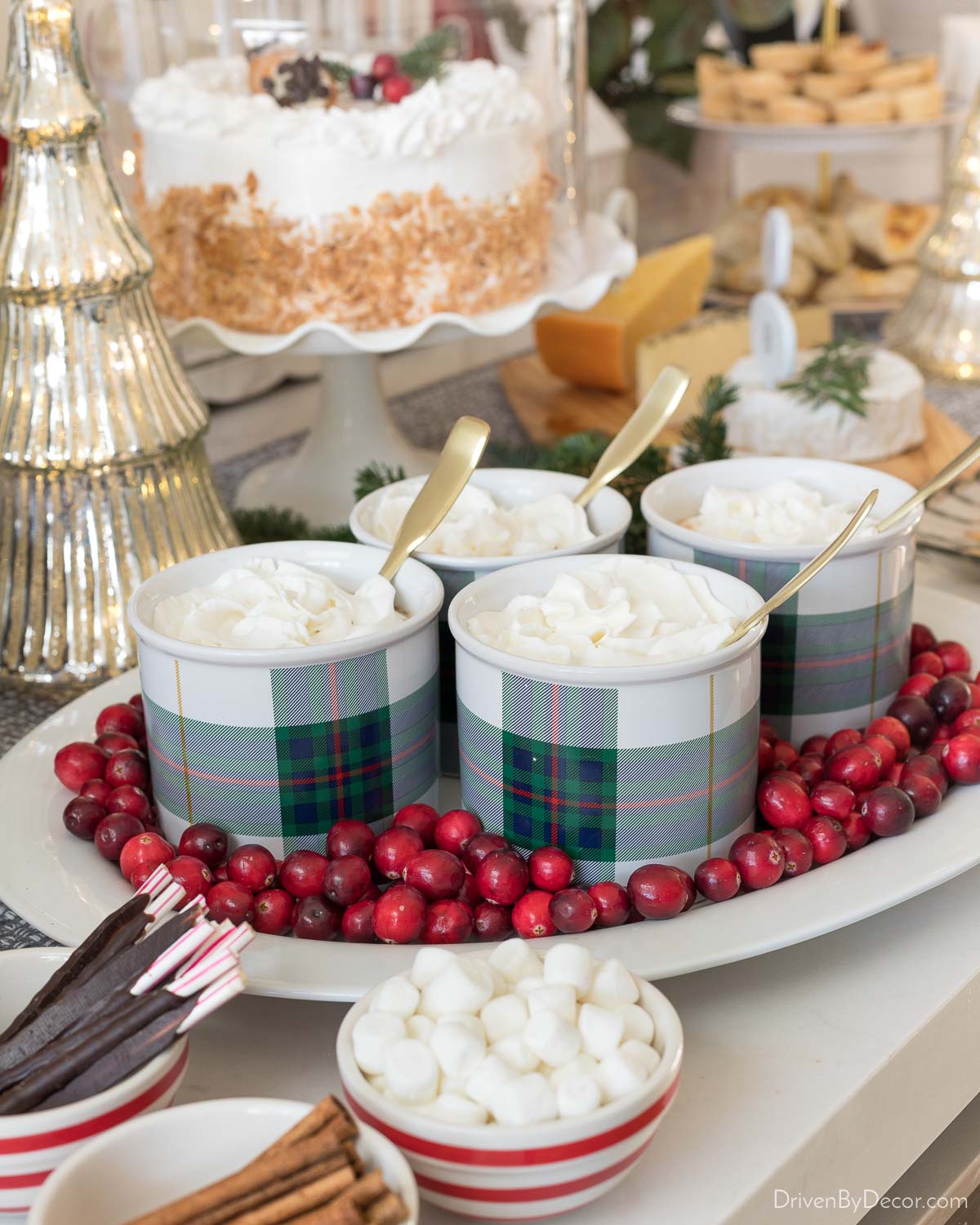 Adding color with cranberries to dress up a dessert buffet for Christmas!