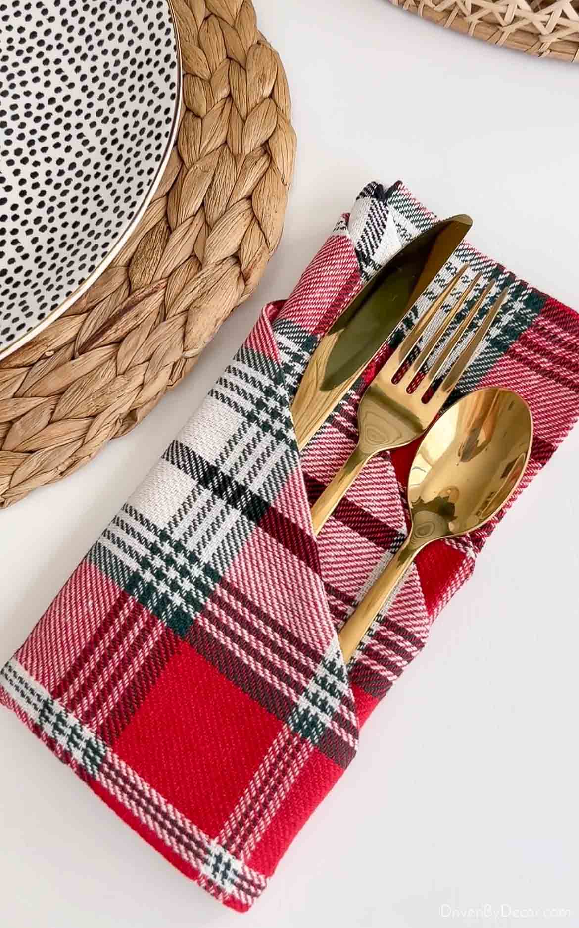 A fun Thanksgiving table decor idea is to fold your napkins in a new way!