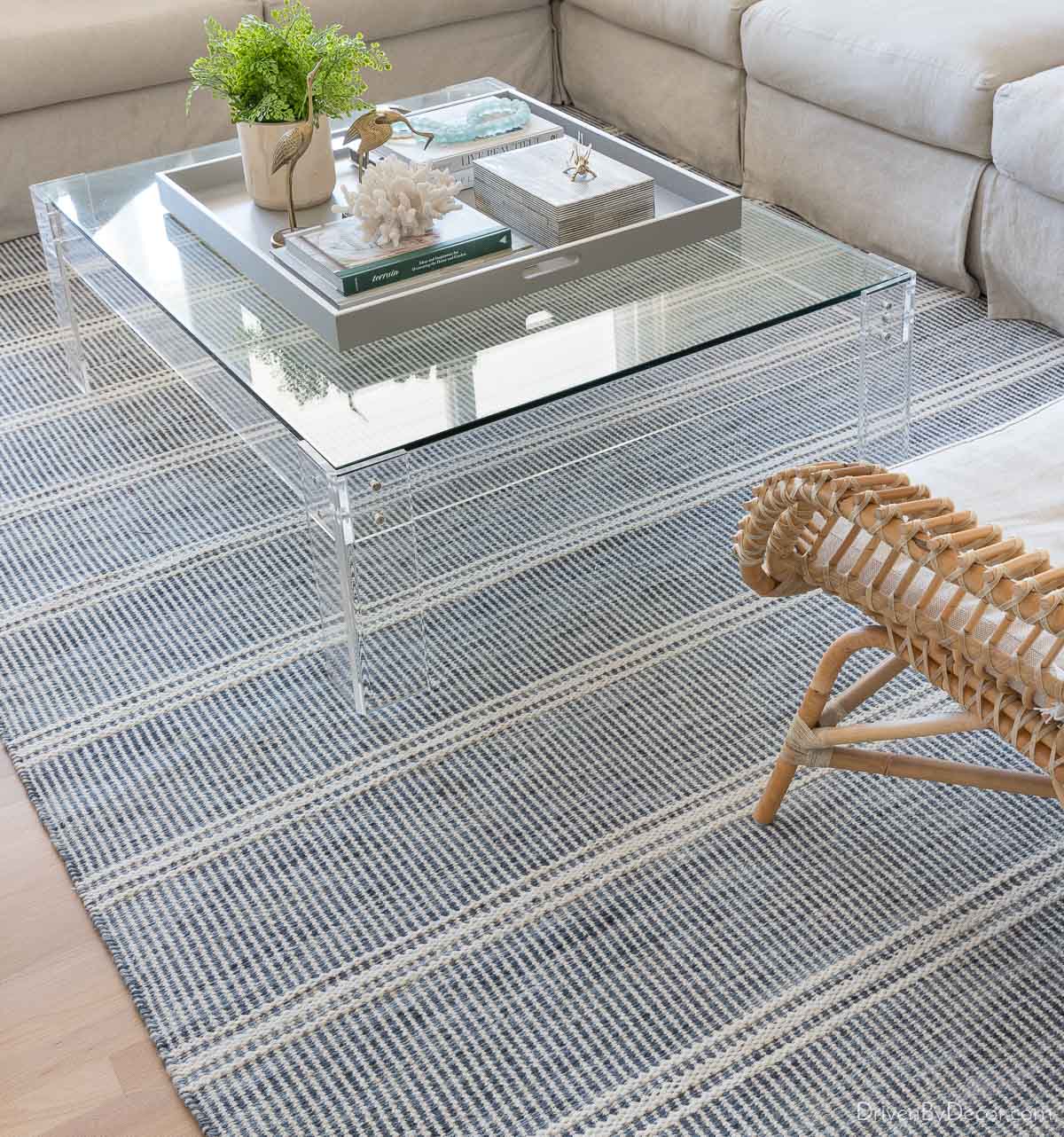 Love this blue striped rug for our living room!