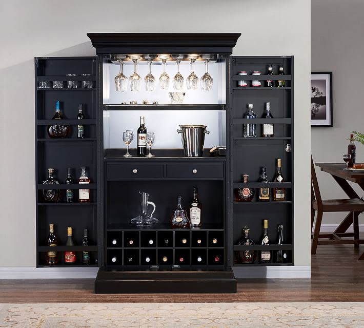 Creating upscale home bars is a 2022 design trend - love this large bar cabinet!
