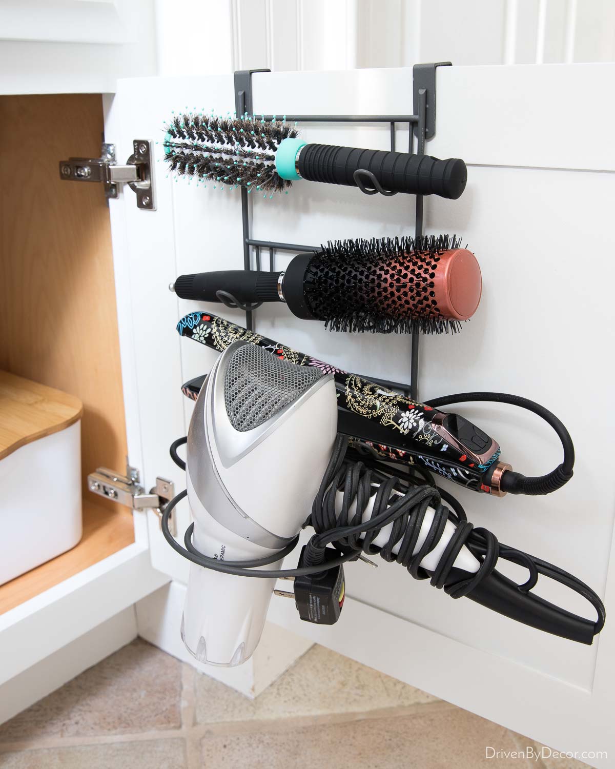 This organizer that hangs on the back of the bathroom cabinet door adds so much storage space!