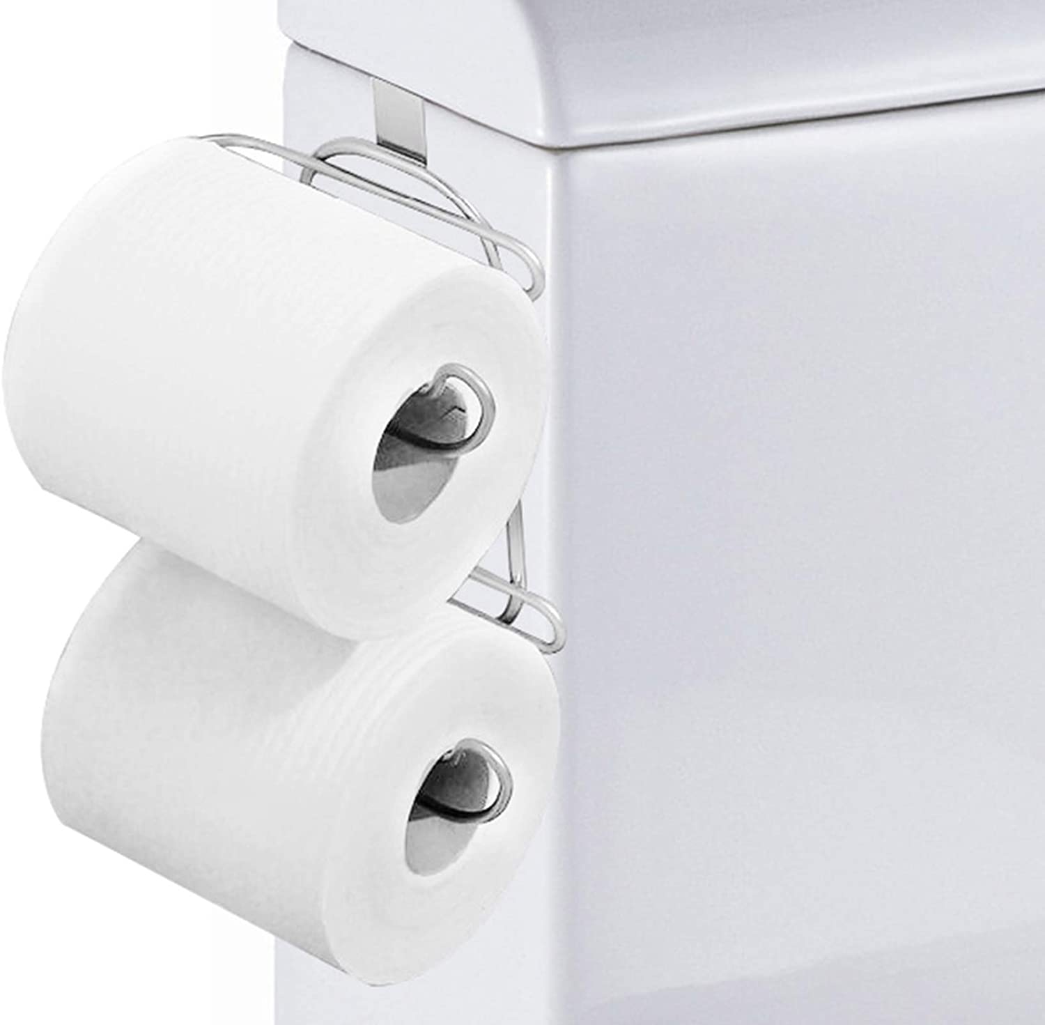 A toilet paper holder that attaches to the tank for smart bathroom storage!