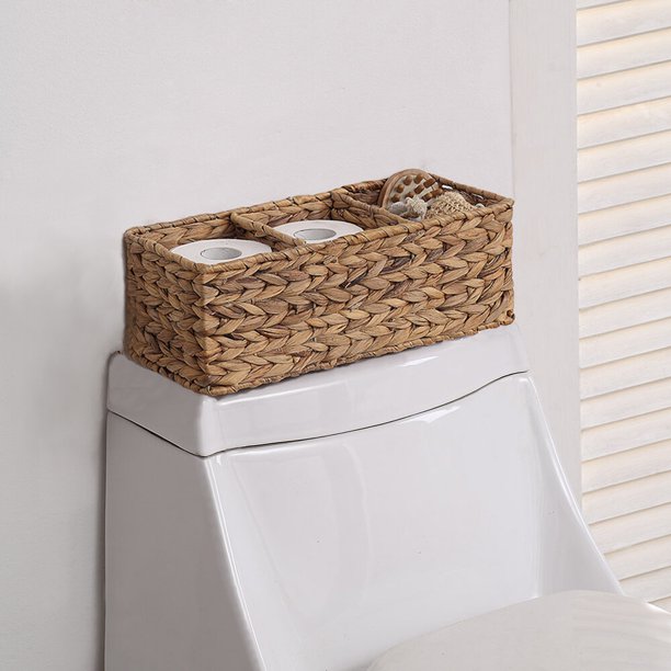 This woven tank basket is perfect for storing extra rolls of TP in the bathroom