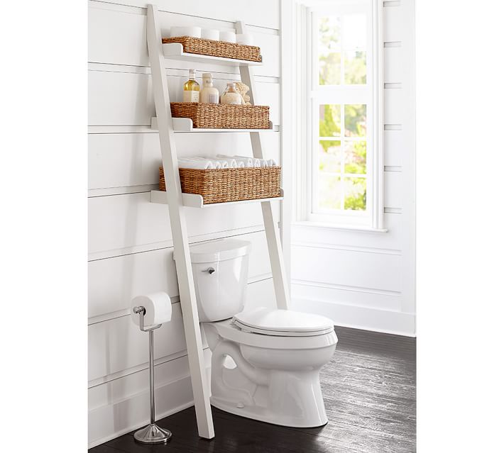 Smart storage for over a bathroom toilet - love this ladder with basket set!