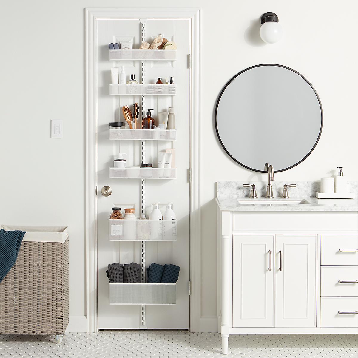 This behind the door rack adds tons of bathroom storage!