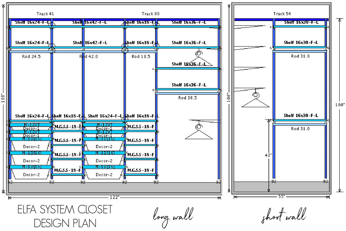 The Elfa closet system design for our primary closet